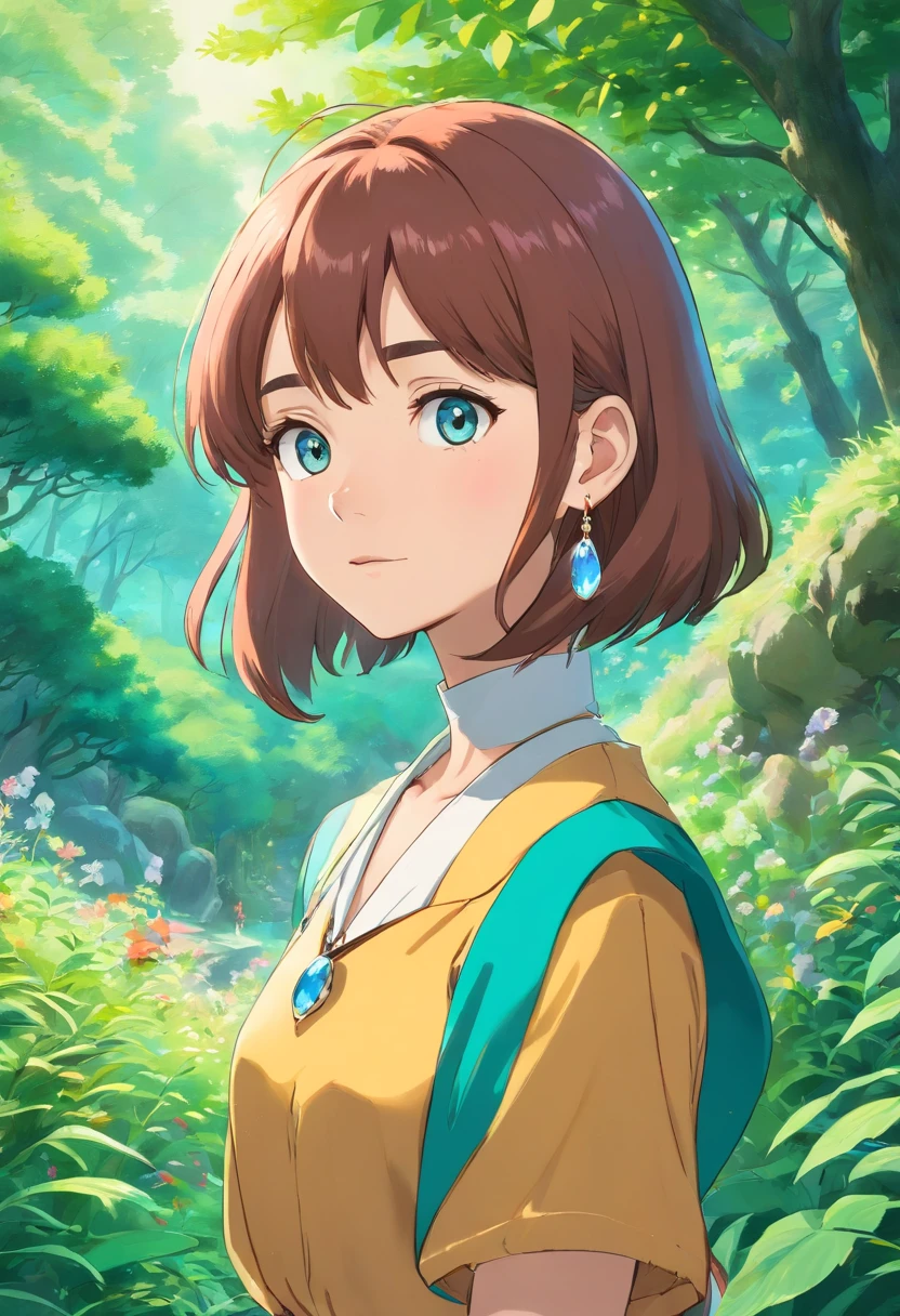 a girl wearing an anime collar,long necklace and earrings, tranquil gardenscapes, colorful animation stills, Masami Teraoka, aquamarine, Paul Gauguin, Embry style, honest portrayal, (best quality:1.2), ultra-detailed, (realistic:1.37), HDR, UHD, studio lighting, extreme detail description, professional, vivid colors, bokeh, portraits.