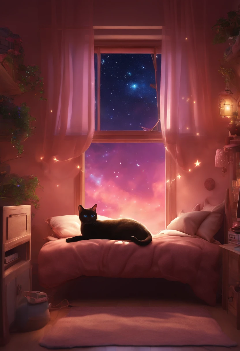 Kawaii room with a Siamese Cat storing in bed gamer computer window with stars in the sky