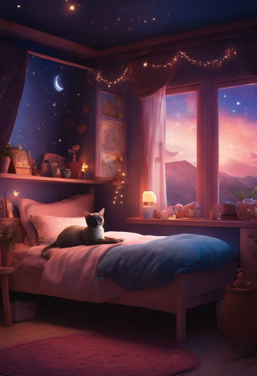Kawaii room with a Siamese Cat storing in bed gamer computer window with stars in the sky