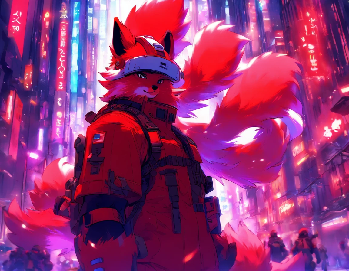 high detail, hyper quality, High Resolution, 1080p, 独奏, Furry, (Male Arctic Fox: 1), (Red fur: 1.3), blue skin, white ears, red-eyes, sharp claws, (furry tail: 1.2), (Carrying soldier's equipment)), Wearing bulletproof vests, ((Wearing soldier's helmets)), Against the backdrop of futuristic cities, Detailed backstory of Arttstion Pixiv, Furry, Fursona in stylish clothes, with red fur and two tails, Detailed fan art, digital art on pixiv, anime artstyle