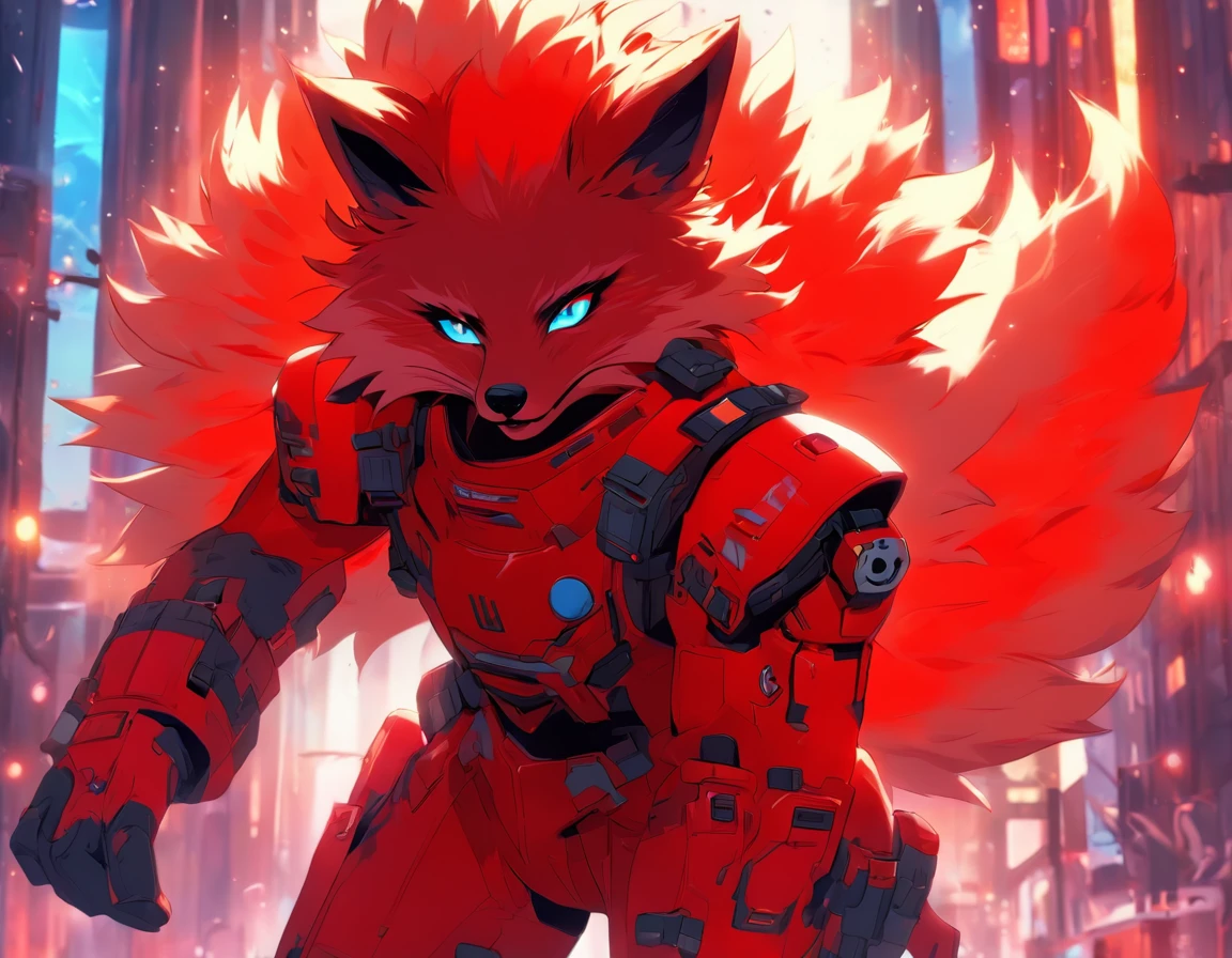 high detail, hyper quality, High Resolution, 1080p, 独奏, Furry, (Male Arctic Fox: 1), (Red fur: 1.3), blue skin, white ears, red-eyes, sharp claws, (furry tail: 1.2), (Carrying soldier's equipment)), Wearing bulletproof vests, ((Wearing soldier's helmets)), Against the backdrop of futuristic cities, Detailed backstory of Arttstion Pixiv, Furry, Fursona in stylish clothes, with red fur and two tails, Detailed fan art, digital art on pixiv, anime artstyle