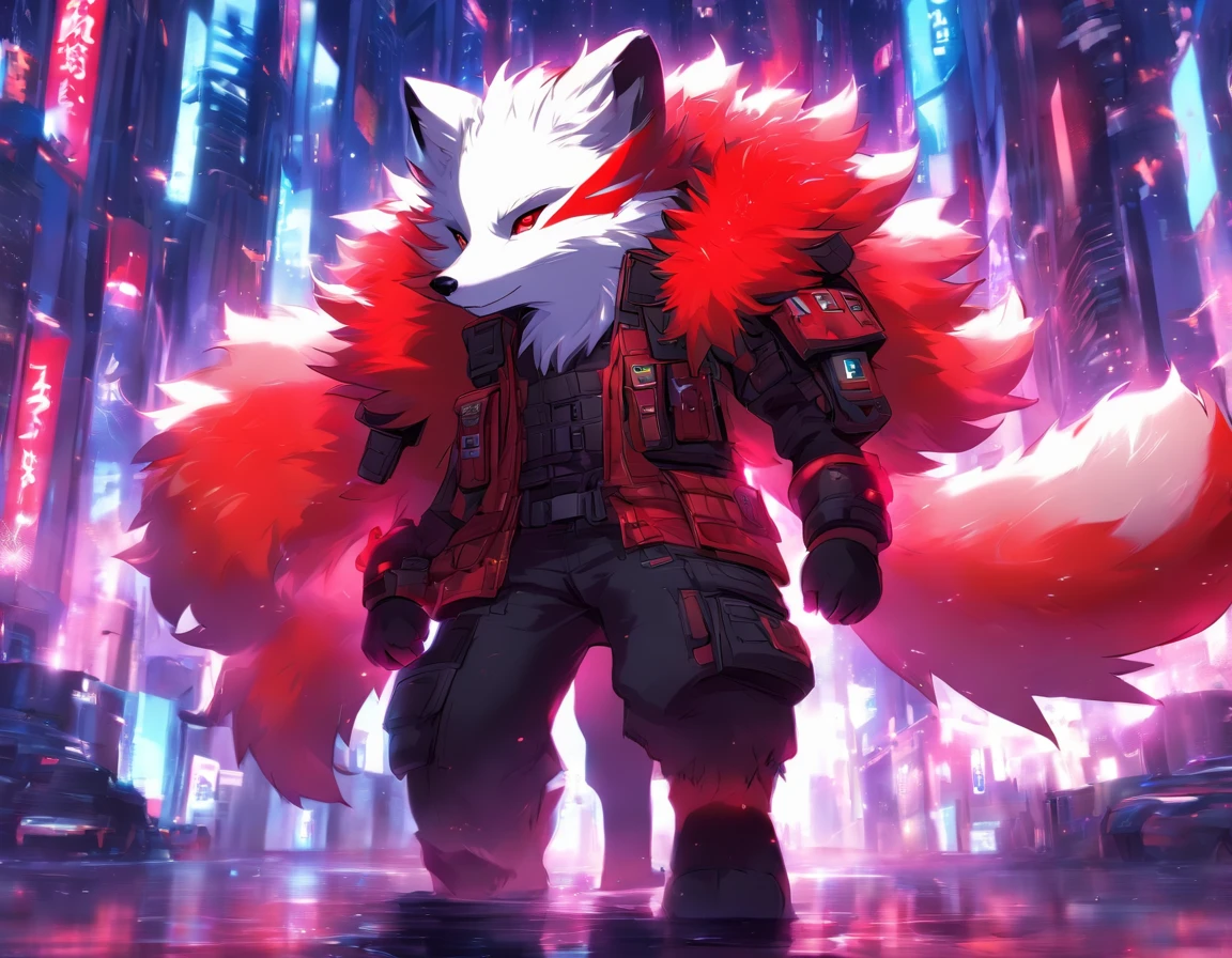 high detail, hyper quality, High Resolution, 1080p, 独奏, Furry, (Male Arctic Fox: 1), (Red fur: 1.3), blue skin, white ears, red-eyes, sharp claws, (furry tail: 1.2), (Carrying soldier's equipment)), Wearing bulletproof vests, ((Wearing soldier's helmets)), Against the backdrop of futuristic cities, Detailed backstory of Arttstion Pixiv, Furry, Fursona in stylish clothes, with red fur and two tails, Detailed fan art, digital art on pixiv, anime artstyle