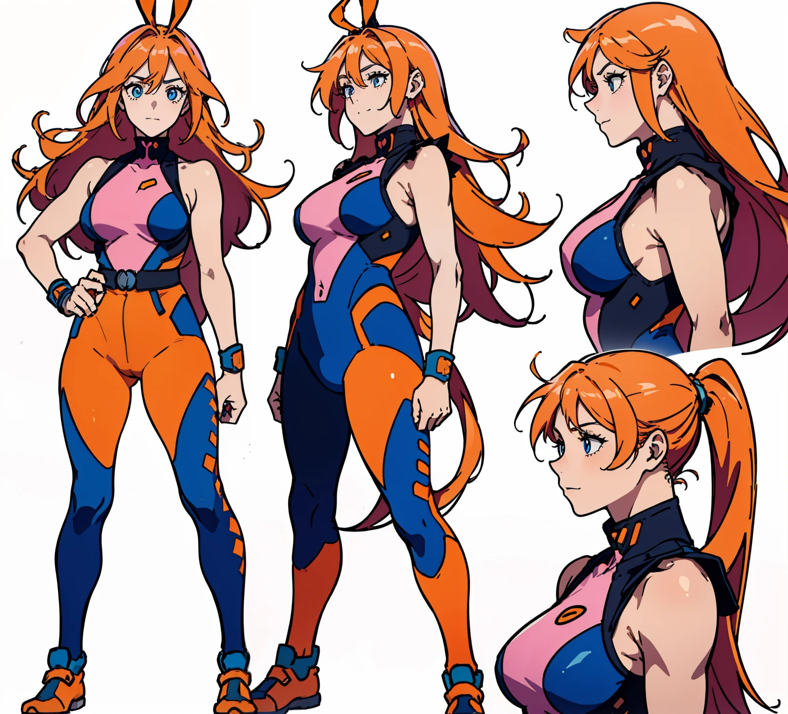 ((Best Quality)), ((Masterpiece)), ((Realistic)) tsuka kendou, 1woman, cute face, determined look, smile, long legs, full body, adult mature female (spiky orange-pink hair, (orange-pink mullet 1.1)), (very long hair), blue eyes, (white/yellow pupil,) hero, sleeveless blue spandex bodysuit, long orange-pink rabbit ears, desert oasis, tbcc illustration (((detailed character sheet, frontal view, side view, three quarter view))) (((white background))) 8 and a half heads full body