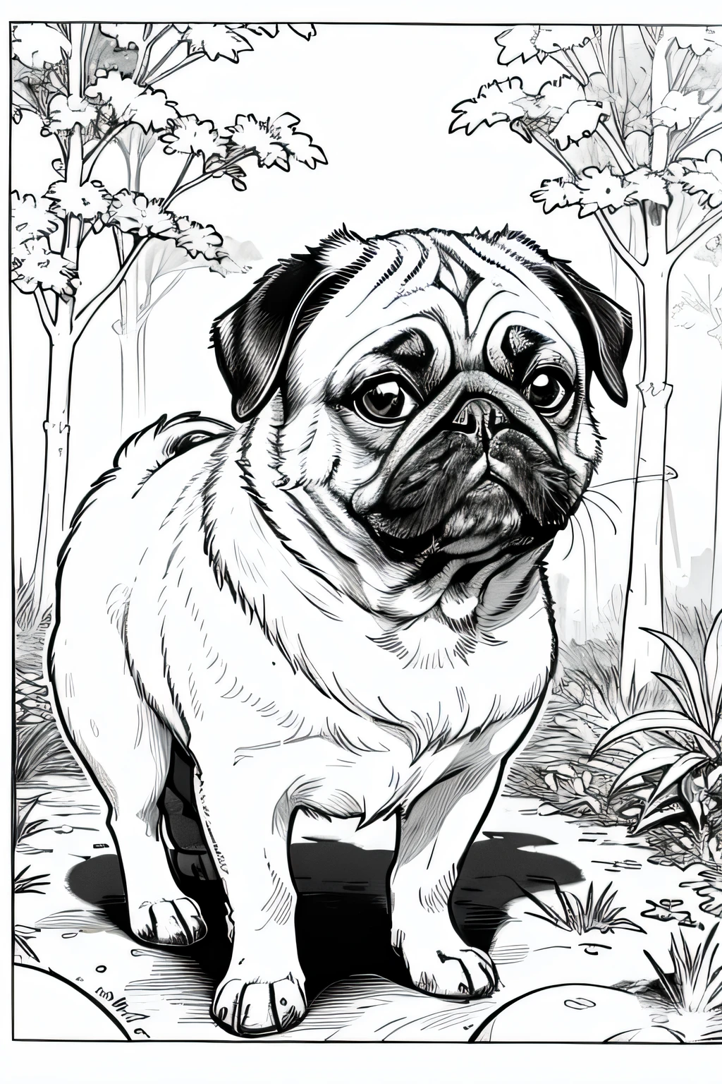 Coloring book of a pug in the forest, estilo cartoon, linhas grossas, sem cor, fundo branco, dashes only