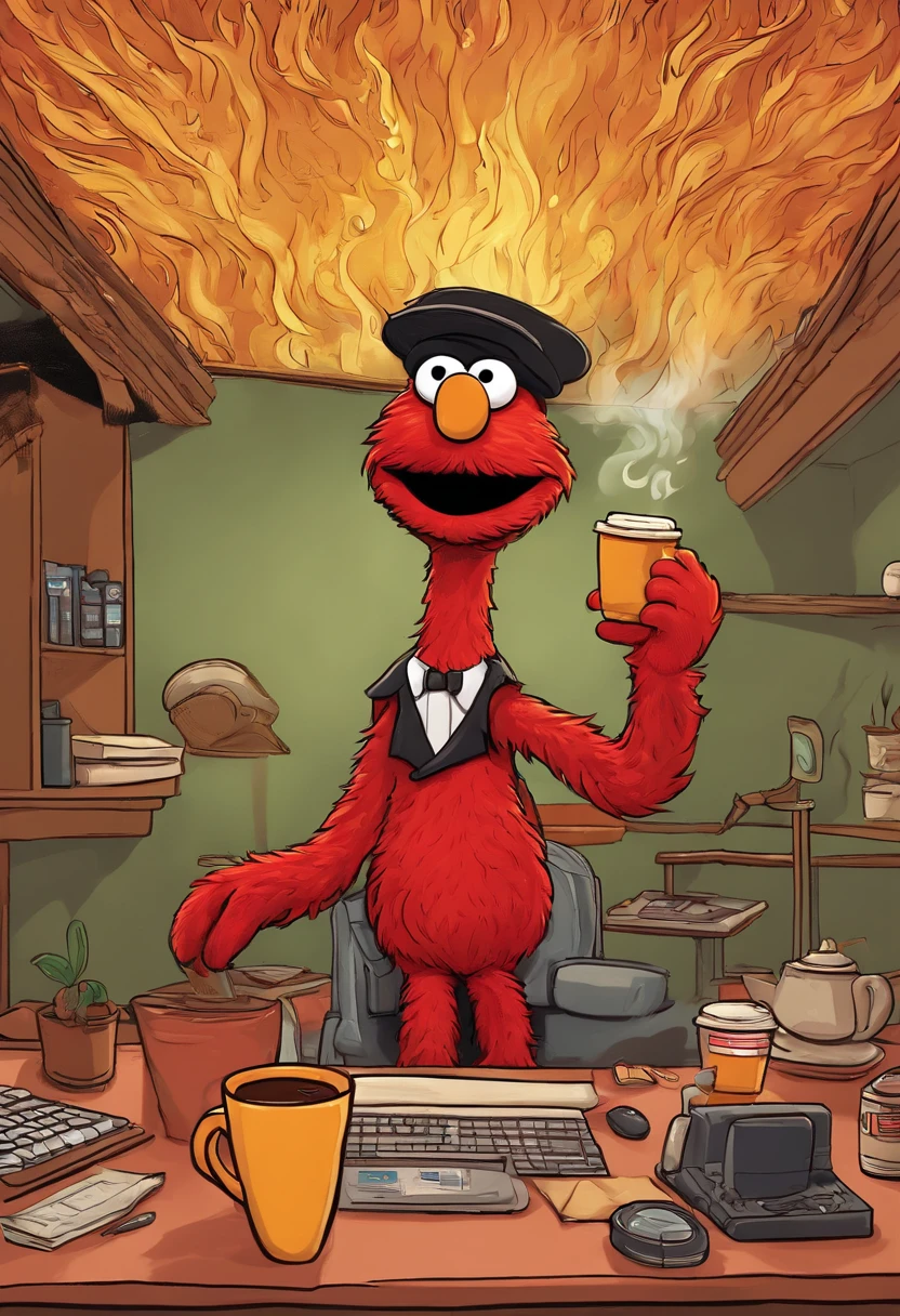 (masterpiece, best quality, 2D illustration, 2D, best of artstation),(1 Elmo muppet, muppet, Elmo, red fur:1.1), sitting behind a desk, Elmo as a programmer, soft round yellow, computer screen with many errors, mac pro computer, (everything is on fire, one coffee cup is on fire,the room is on fire, chaos in the background, thick smoke clouds collecting on the ceiling,huge flames:1.2), Elmo is holding his flaming coffee cup with two hands, (furry arms:1.3)