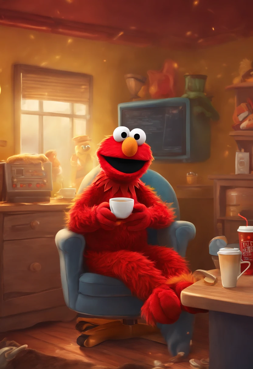 (masterpiece, best quality, 2D illustration, 2D, best of artstation),(1 Elmo muppet, muppet, Elmo, red fur:1.1), sitting behind a desk, Elmo as a programmer, soft round yellow, computer screen with many errors, mac pro computer, (everything is on fire, one coffee cup is on fire,the room is on fire, chaos in the background, thick smoke clouds collecting on the ceiling,huge flames:1.2), Elmo is holding his flaming coffee cup with two hands, (furry arms:1.3)