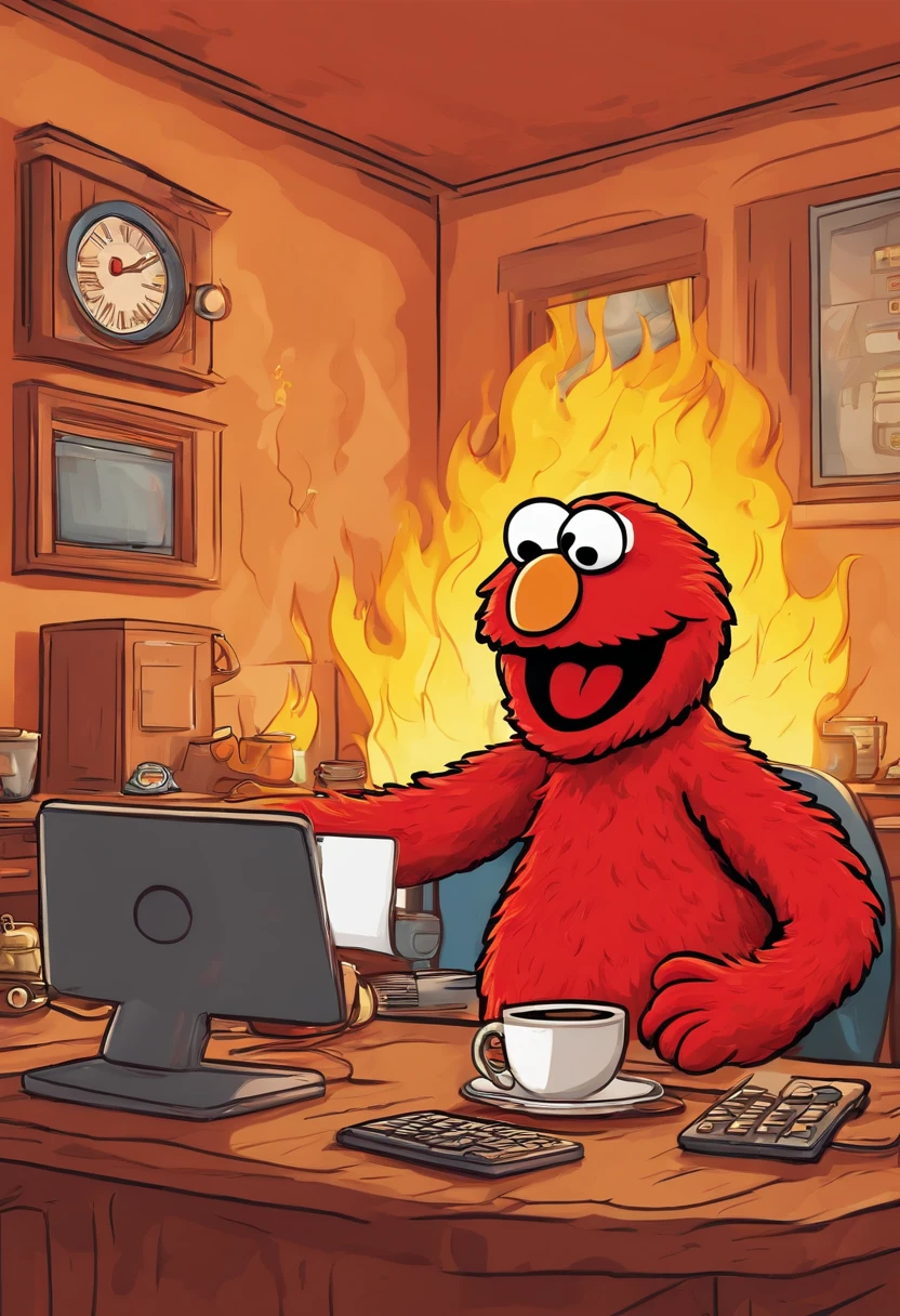 (masterpiece, best quality, 2D illustration, 2D, best of artstation),(1 Elmo muppet, muppet, Elmo, red fur:1.1), sitting behind a desk, Elmo as a programmer, soft round yellow, computer screen with many errors, mac pro computer, (everything is on fire, one coffee cup is on fire,the room is on fire, chaos in the background, thick smoke clouds collecting on the ceiling,huge flames:1.2), Elmo is holding his flaming coffee cup with two hands, (furry arms:1.3)