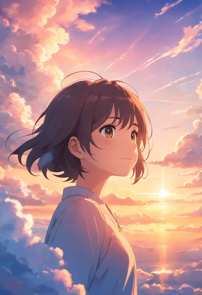 masterpiece, best quality, movie still, 1girl, cloud girl, floating in the sky, close-up, bright, happy, warm soft lighting, sunset, (sparks:0.7)