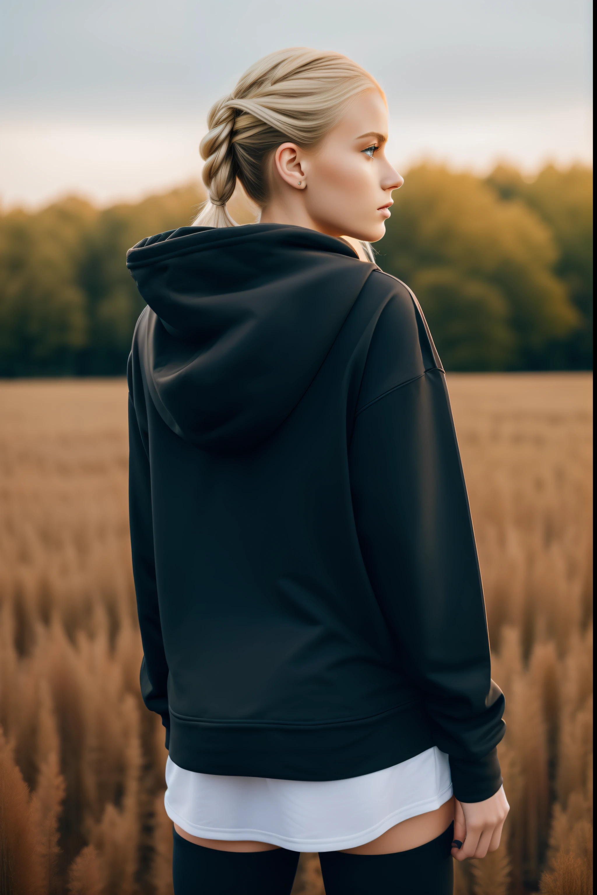 blonde girl 25 years old, with bob bob hairstyle in a black hoodie, standing with her back to the camera, in a black hoodie, in a black hoodie, Black hoodie, A girl in a hoodie, a black hoodie, A photo of a woman in the field of clothing, In an oversize hoodie, Wearing a black hoodie hooded, hooded sweatshirt, rear view, black clothing, long-range blow from the back, back - view, white background white background around