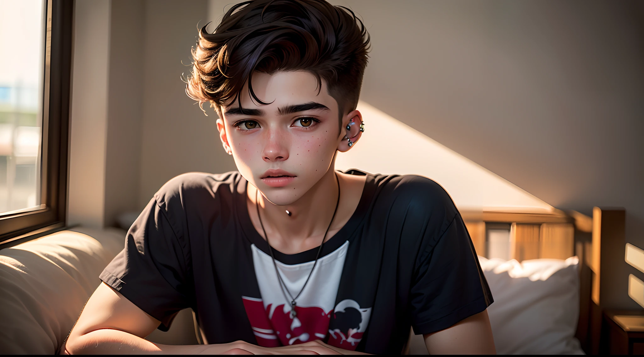 Crie uma foto de um garoto de 16 anos moreno com cabelo curto cacheado e piercing na sombrancelha e na orelha
