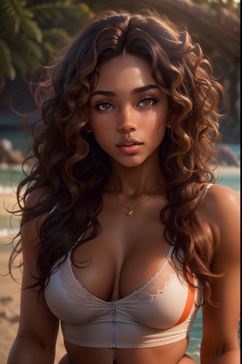 24 year old beautiful brown-skin girl with wavy hair and curvy body, stunning and captivating eyes, in thong, on a photorealistic beach