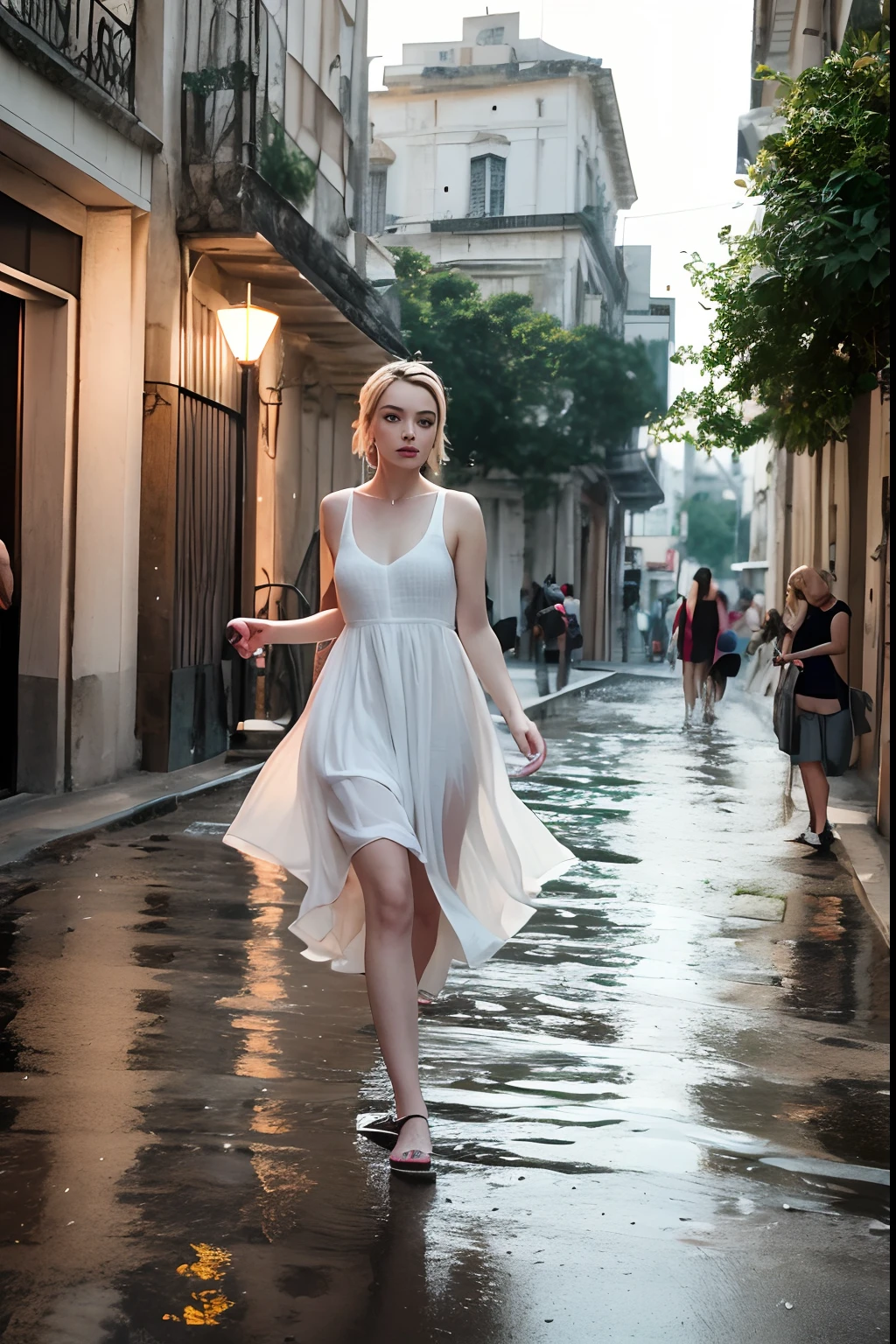 Generate a beauty and styly magazine realistic photograph of a smiling margot robbie with long hair running under a heavy summer rain on the streets of Cuba in 1974. She is surrounded by beautiful women and handsome men. the girls long dress must be wet by the rain she is barefoot. she is happy. The street environment must be including cars, shops of the 70's. The girlis looking to the camera. She wears chanel linen dress decolté and she is running in a puddle. The girl's hair should be flowing in the air. Her hair and face must wet becasue of the rain. Make sure the photograph looks natural and realistic as a summer and rainy day time shooting with appropriate summer sun lighting and colors to match the summer and street environment. Cinematic, Photoshoot, Shot on 25mm lens, Depth of Field, Tilt Blur, Shutter Speed 1/ 1000, F/ 22, White Balance, 32k, Super - Resolution, Pro Photo RGB, Half rear Lighting, Backlight, Dramatic Lighting, Incandescent, Soft Lighting, Volumetric, Conte - Jour, Global Illumination, Screen Space Global Illumination, Scattering, Shadows, Rough, Shimmering, Lumen Reflections, Screen Space Reflections, Diffraction Grading, Chromatic Aberration, GB Displacement, Scan Lines, Ambient Occlusion, Anti - Aliasing, FKAA, TXAA, RTX, SSAO, OpenGL - Shader’s, Post Processing, Post - Production, Cell Shading, Tone Mapping, CGI, VFX, SFX, insanely detailed and intricate, hyper maximalist, elegant, dynamic pose, photography, volumetric, ultra - detailed, intricate details, super detailed, ambient ide, volumetric lihgtning and shadow games shot by denis villeneuve 4k