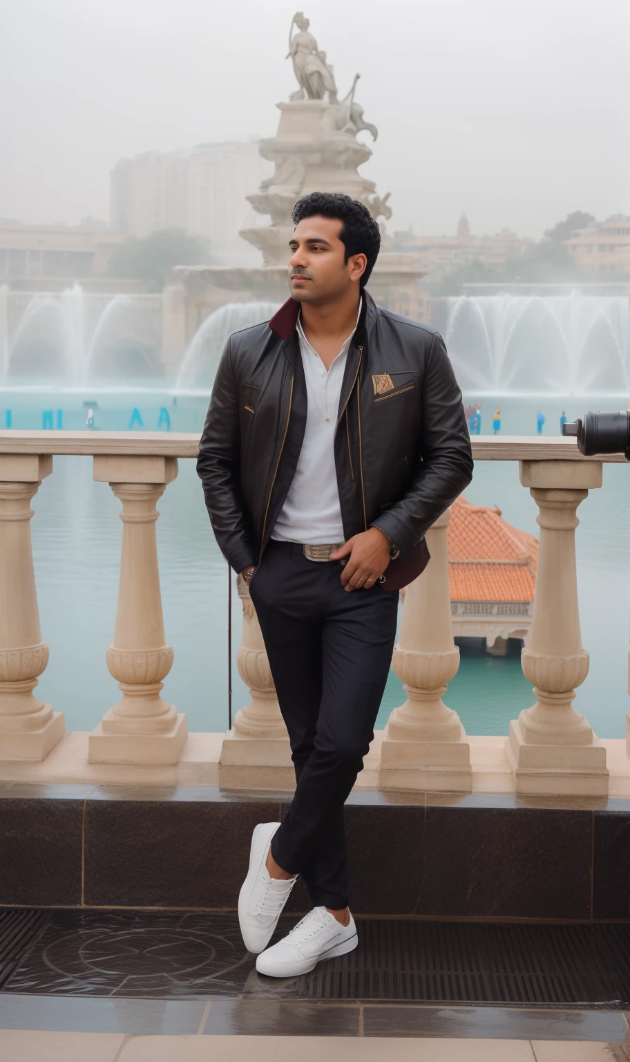 arafed man standing on a bridge near a fountain with a statue in the background, full body photogenic shot, stylish pose, candid picture, casual pose, standing in a city center, very artistic pose, candid photo, with a cool pose, cool pose, inspired by Kailash Chandra Meher, full body picture, artistic pose, full body profile camera shot