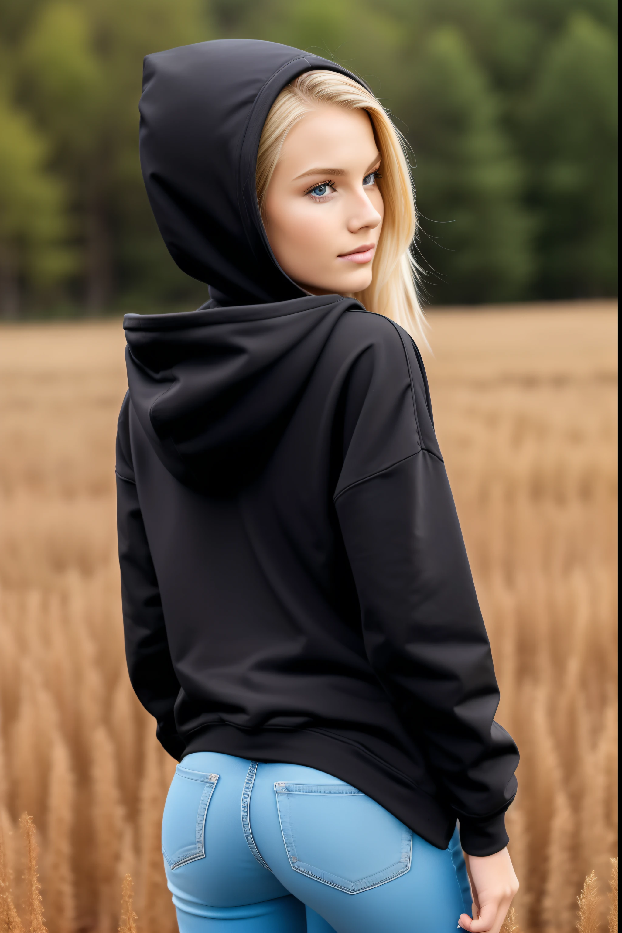 blonde girl 25 years old, with bob bob hairstyle in a black hoodie, standing with her back to the camera, in a black hoodie, in a black hoodie, Black hoodie, A girl in a hoodie, a black hoodie, A photo of a woman in the field of clothing, In an oversize hoodie, Wearing a black hoodie hooded, hooded sweatshirt, rear view, black clothing, long-range blow from the back, back - view, white background white background around