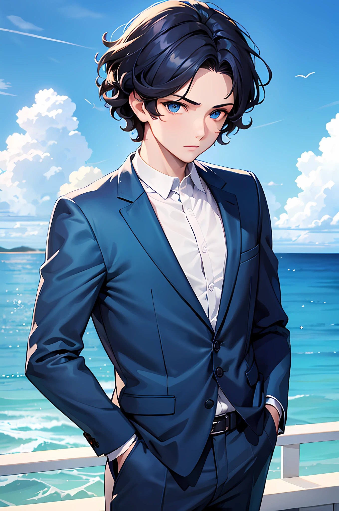 best quality,ultra-detailed,realistic:1.37,high-res,boy with short curly hair,stunning blue eyes,standing near an ocean,ocean colored suit,vivid colors,portraits,sharp focus,studio lighting