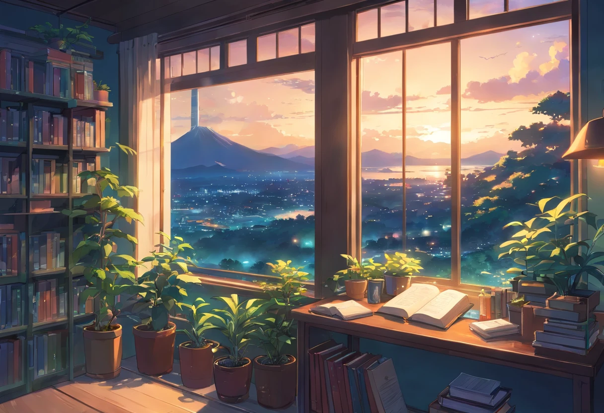 an exremely close up shot of a large window filled with plants and books is overlooking a breath taking and beautiful nature scenery, night time