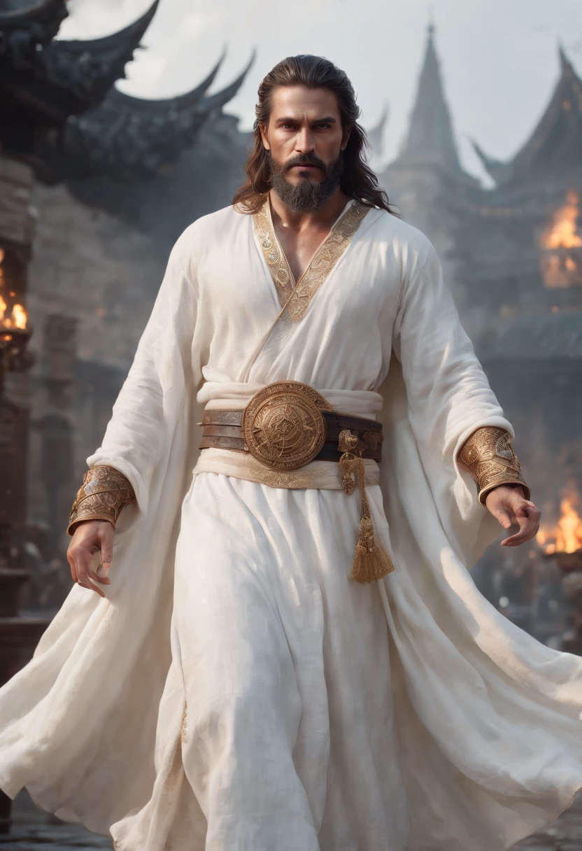 An Indian king, with gold crown, big blue jewel on the crown, big white mustache, big white beard, big fire sword, white dress, wearing a lot of gold ornaments, serval bodyguards in the back, water reflections on the floor (Professional 3D rendering:1.3) by (Realistic:1.3) World's most beautiful art picture, Features soft, dark complexation male heroes, ((Epic hero fantasy rough muscular man wet hero surprised look long hair long beard and shocked expression in dynamic pose, wearing a white robe, inside a big kingdom, burning fire in the background, majestic environment)), full body 8k unit render, action shot, skin pores, very dark lighting, heavy shading, detailed, Detailed face, (vibrant, photorealistic, Realistic , Dramatic, Dark, sharp focus, 8k), (white cloths with heavy jewelry r:1.4), (intricate:1.4), decayed, (highly detailed:1.4), painting digital, rendering by octane, art stations, Concept-Art, smooth, sharp focus, illustration, germ of art, (Loish:0.23), Wlop Ilya Kuvshinov, and Greg Rutkowski and Alphonse Mucha Gracias, (global illumination, studiolight, Light Volumetric ), heavy rain, floating particles, scoundrel, fantasy, Eleven, full bodyesbian, ((Dark old city background:1.3)),CGSesociedade,art stations