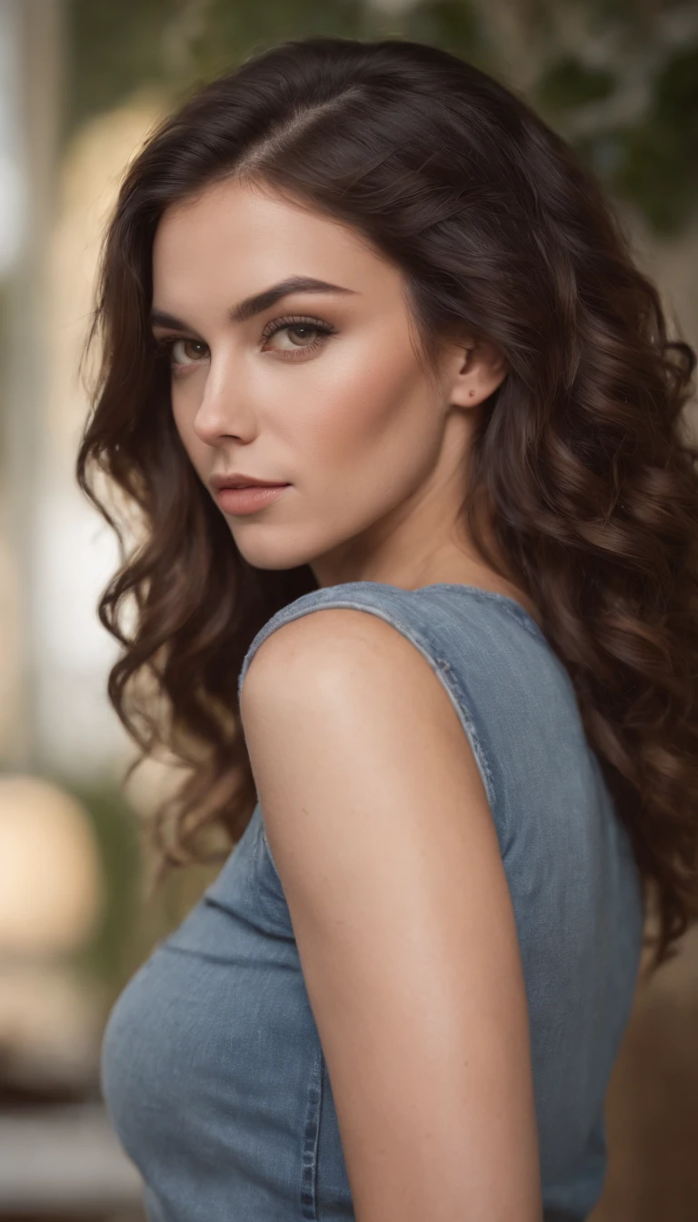 RAW photo,tattoo girl,nsfw,arm tattoo,woman wearing a yellow cropped t-shirt,blue denim jeans,clothes pull,at home,detailed arm tattoos,curly hair,confident expression,piercing on nose,beautiful detailed eyes,beautiful detailed lips,vivid colors,warm color tone,soft natural lighting,bedroom setting,creative poses