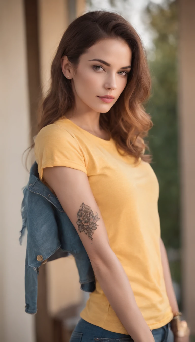 RAW photo,tattoo girl,nsfw,arm tattoo,woman wearing a yellow cropped t-shirt,blue denim jeans,clothes pull,at home,detailed arm tattoos,curly hair,confident expression,piercing on nose,beautiful detailed eyes,beautiful detailed lips,vivid colors,warm color tone,soft natural lighting,bedroom setting,creative poses