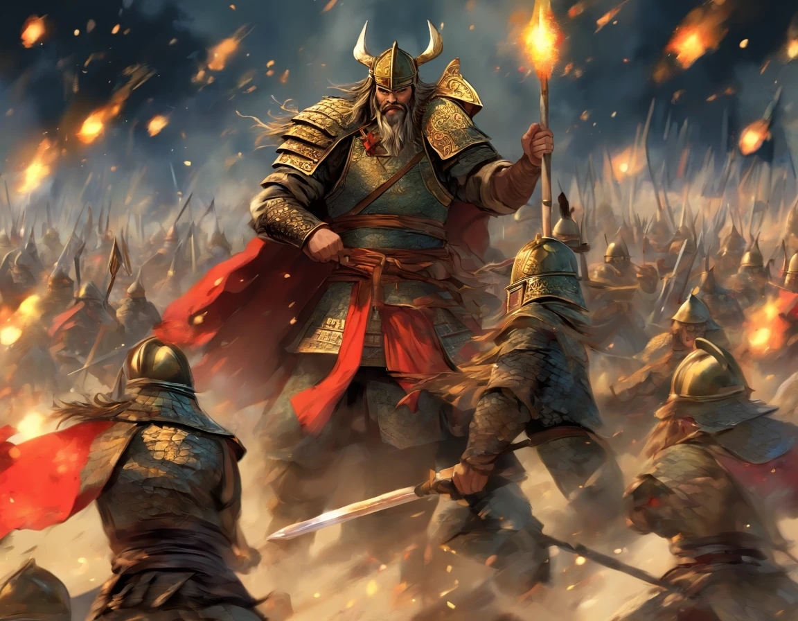 Soldados Vikings, Escudos, Espadas, armadura pronta para a batalha, Disciplined Formations, guerreiros poderosos, desenhos intrincados em escudos e espadas, soldados determinados, Campo de batalha antigo, cenas de luta ferozes, atos heroicos, Reenactment of historical battles, armamento magistralmente trabalhado, soldados altamente qualificados, Movimentos sincronizados, martial spirit, guerra tradicional chinesa, Legendary battles, Strategic tactics of warfare, Honra e bravura, Resolute expressions, momentos cheios de adrenalina, Military precision, camaradagem no campo de batalha, Ancient Chinese history, emblematic ancient symbols, Armadura decorada, Epic showdowns, Patriotic soldiers, gritos de guerra, intense fighting spirit, Unwavering dedication, cultura guerreira antiga, poses impressionantes de artes marciais, esquema de cores carmesim e dourado, Tropas endurecidas pela batalha, Rich historical context. (best quality,4k,8k,Altas,master part:1.2), ultra-detalhado, (Realistic,fotorrealista,photo-realistic:1.37), HDR, UHD, studio lighting, pintura ultrafina, foco nítido, Physically-based rendering, extreme detail description, profissional, vivid colors, Bokeh, Retratos, Paisagem de guerra antiga, Traditional Chinese painting techniques, Atmospheric Illumination, dinamic poses, Cenas de batalha intrincadas, vivid color contrast, Visually stunning composition, ethereal ambiance, atmosfera heroica.