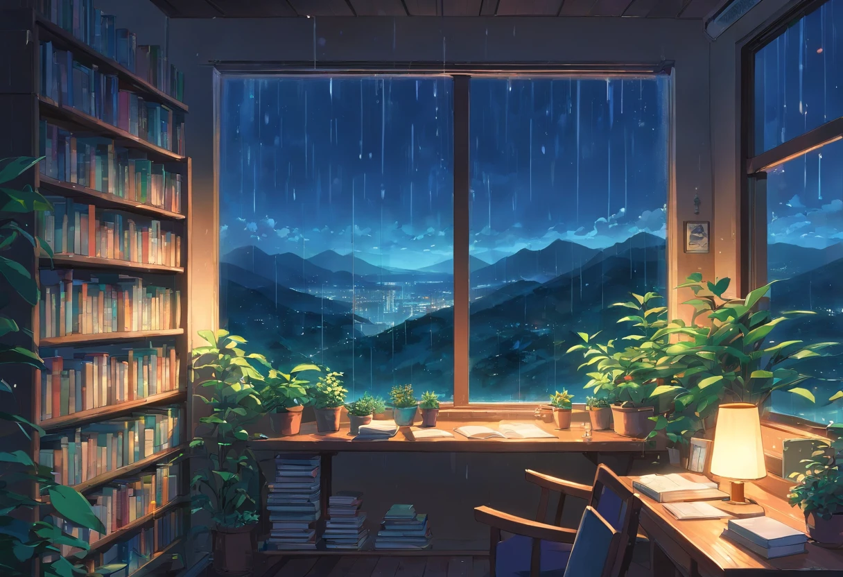 an exremely close up shot of a large window filled with plants and books is overlooking a breath taking and beautiful nature scenery, night time, (rainy)