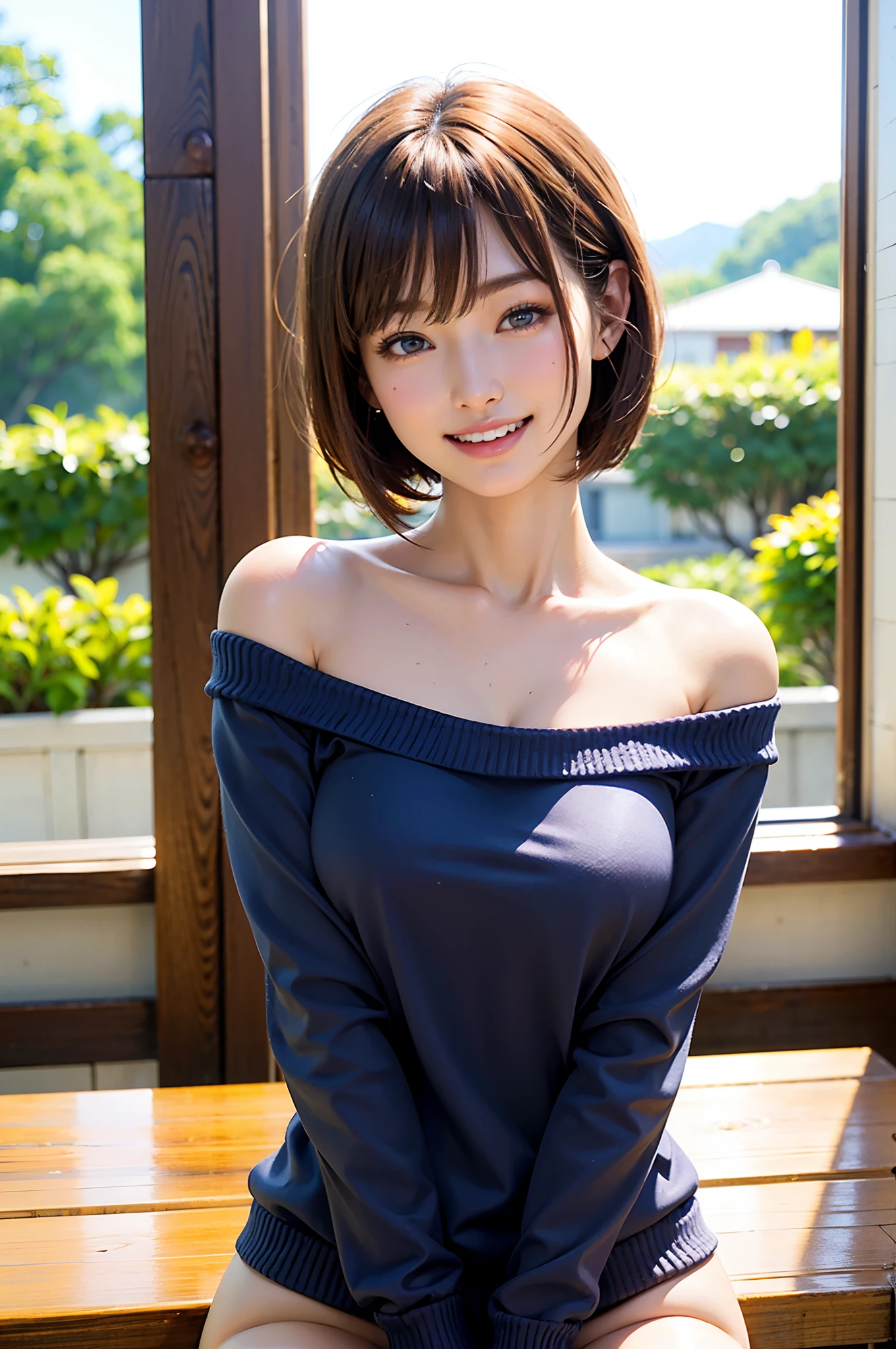 ((top-quality、Top image quality、The ultra -The high-definition、Draw in ultra-high definition、独奏、Look firmly at the camera))、女の子1人、realisitic、depth of fields、natural soft light、during daytime、魅惑的、beauitful face、Cleanliness、Pure face、de pele branca、kawaii、short-hair、the beach、rays of sunshine、nedium breasts、full body Esbian、((Dark blue sweater、Golden Ratio Beauty Face))、long neck、Put your ears out、Clean short bob hair with bangs、Very smiling、Perfect fingers、perfect hand、Perfect body、face perfect、Shine a light into the eyes、Perfect ???????、tall supermodel、Long-legged supermodel、Supermodel with a long neck、broad shoulders、Arms should be lowered to the sides、to stand、Cowboy Shot、Bright windowsill background、Smile at your audience、A smile、Laugh、So big today、Beautiful teeth、Beautiful teeth alignment、beautiful breasts wide open、Beautiful cleavage、beautiful decollete、Shoulder out、Very beautiful sexy woman with a lot of exposure、Keep an eye on your audience