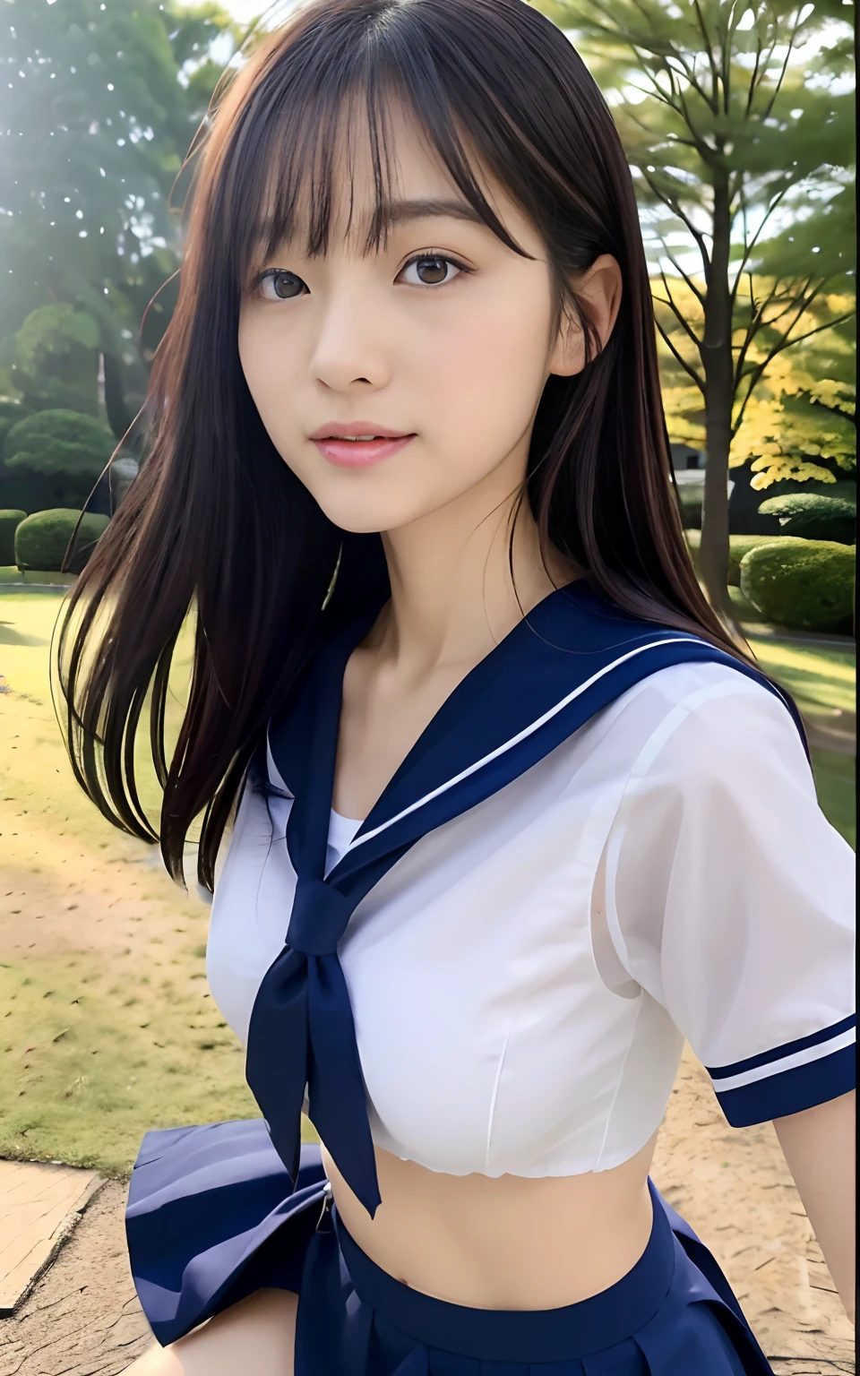 japanese beauty girl, (Skirt lifting), ((Show panties)), looking in camera, Angle from below, Short skirt, Squatting, Shy smile, Japan school uniform , Standing, ((of the highest quality, 16k image, masutepiece: 1.3)), School route, Light on Face, hyperdetailed face, very detailed lips, Detailed eyes、autumnal、