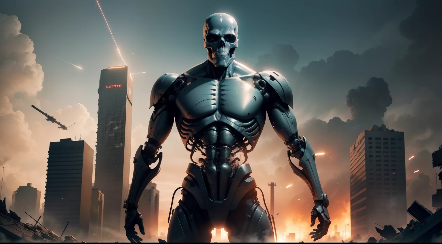 Poster with skeleton cybernetic Terminator T-800 in ruins of city destroyed by nuclear atack