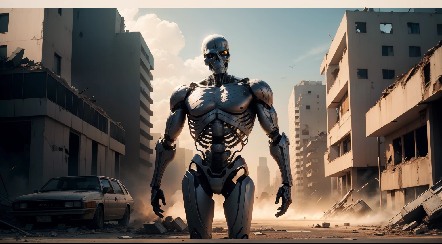 Poster with skeleton cybernetic Terminator T-800 in ruins of city destroyed by nuclear atack