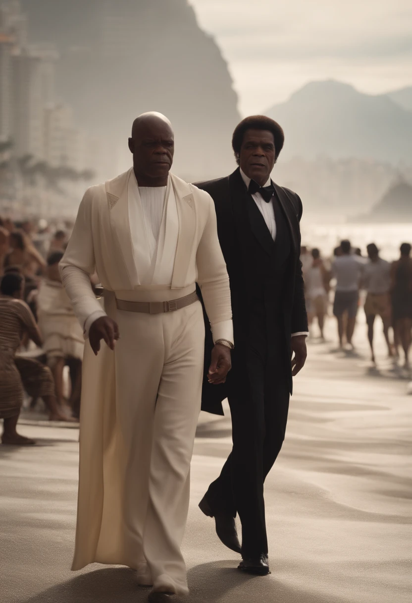 JEDI Mace Windu AND JAMES BROWN N SMOKING BLACK TIE WALKING IN COPACABANA BRAZIL, PERFECT BODY HYPER DEFINE FACE 4K QUALITY