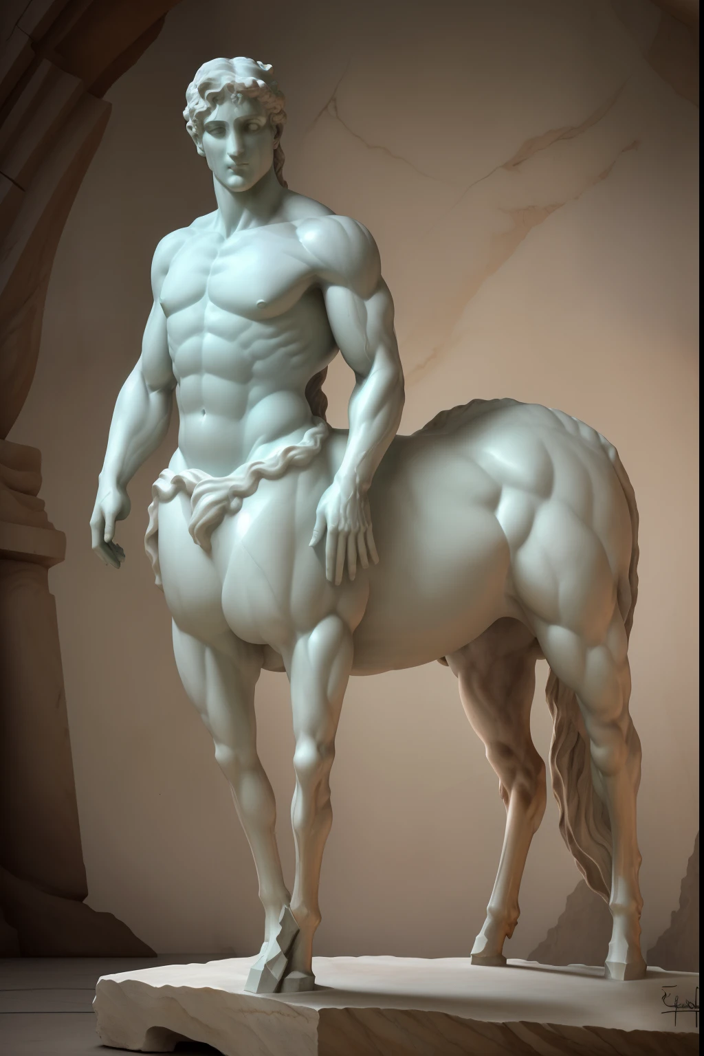 Full view of a greek marble statue of a male centaur