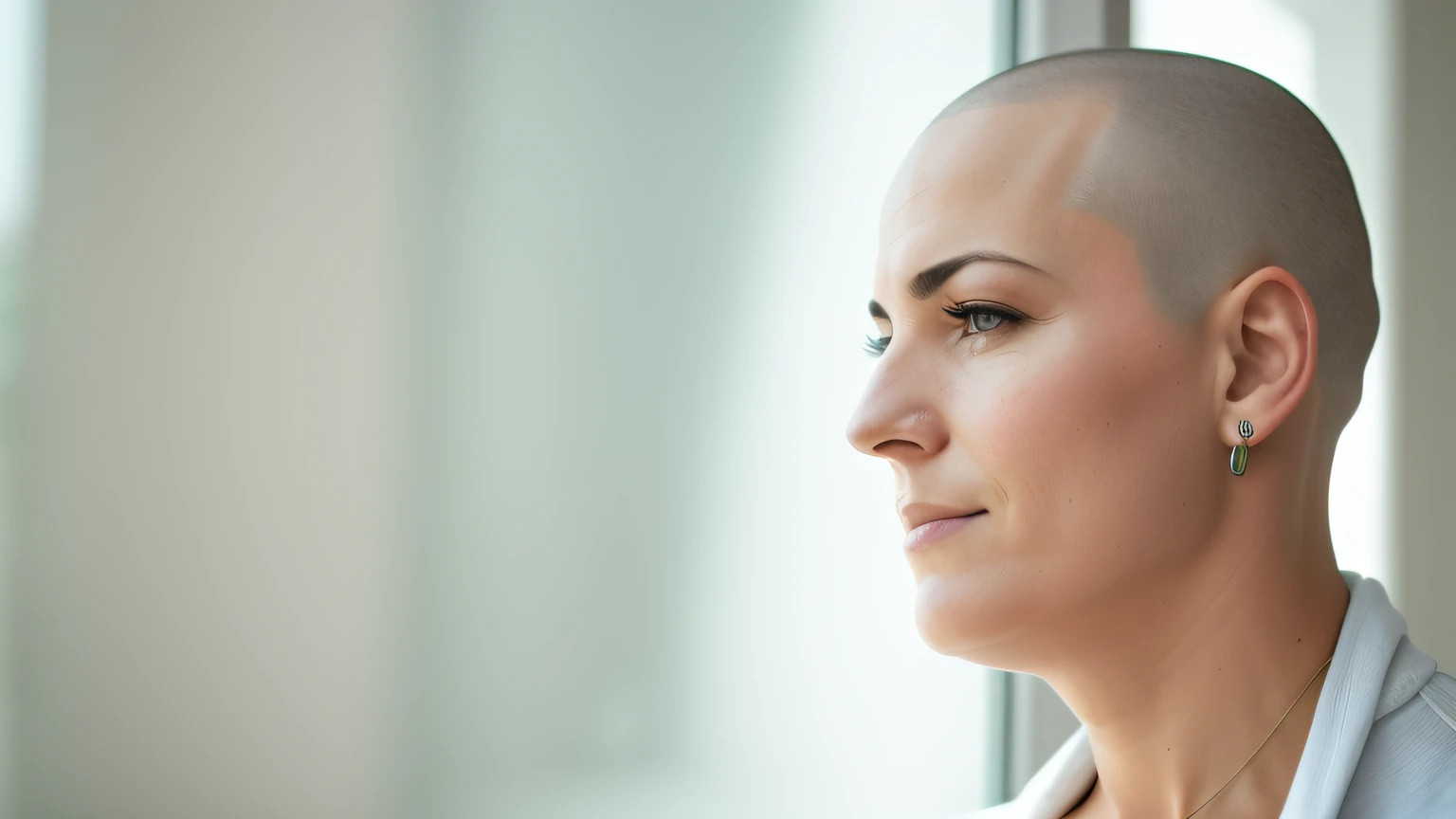 There's a woman with a shaved head looking out the window, Retrato de Careca, woman's face looking off camera, parcialmente careca, foto de retrato, olhando para o lado, looking across the shoulder, em breve, olhando de lado, foto ainda, Foto de uma mulher, retrato de perfil lateral, retrato de perfil, perfil da mulher, shaved head, foto de retrato detalhada, shaved bald head
