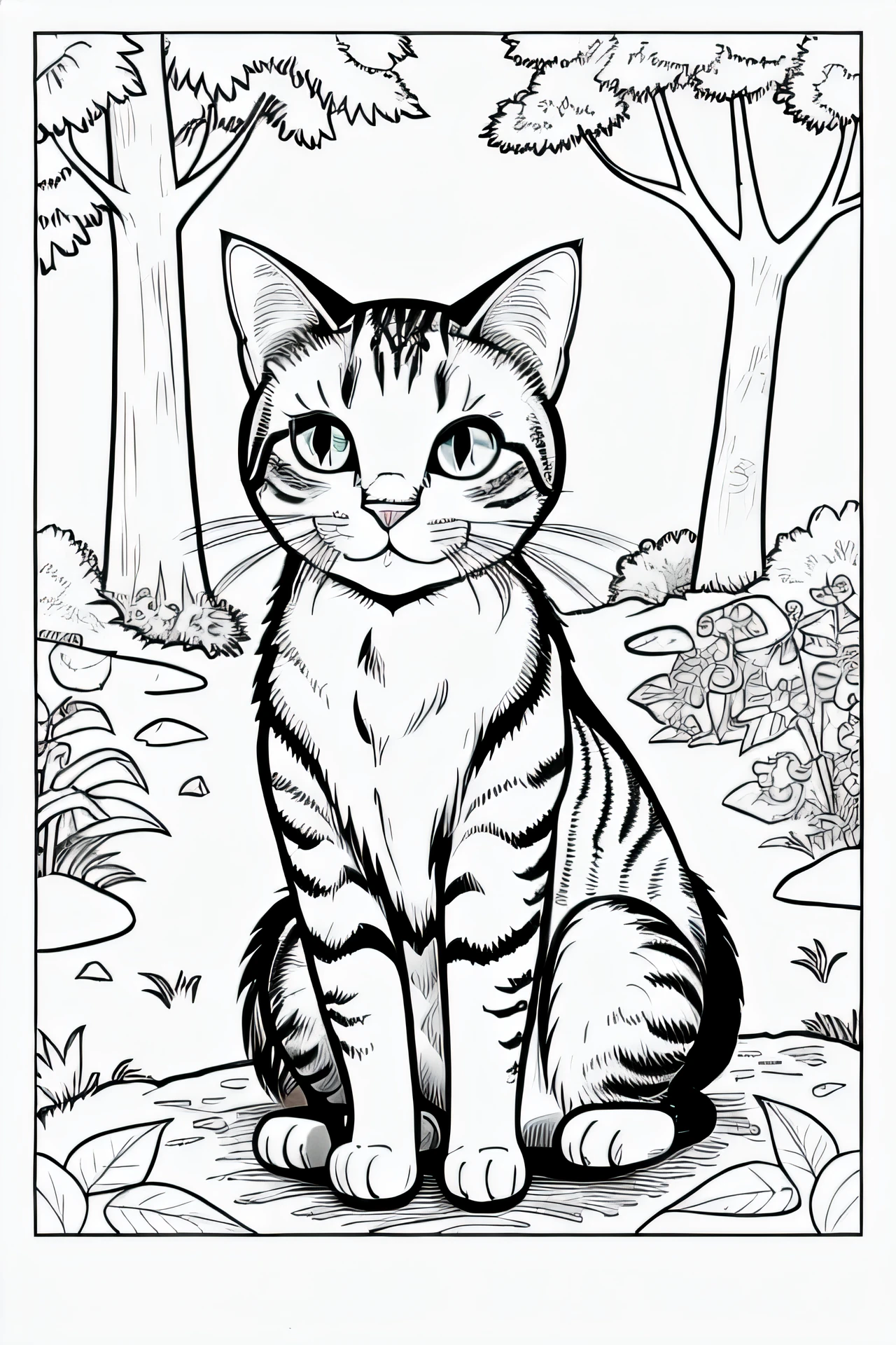 Coloring book of a cat in the forest, estilo cartoon, linhas grossas, sem cor, fundo branco, dashes only