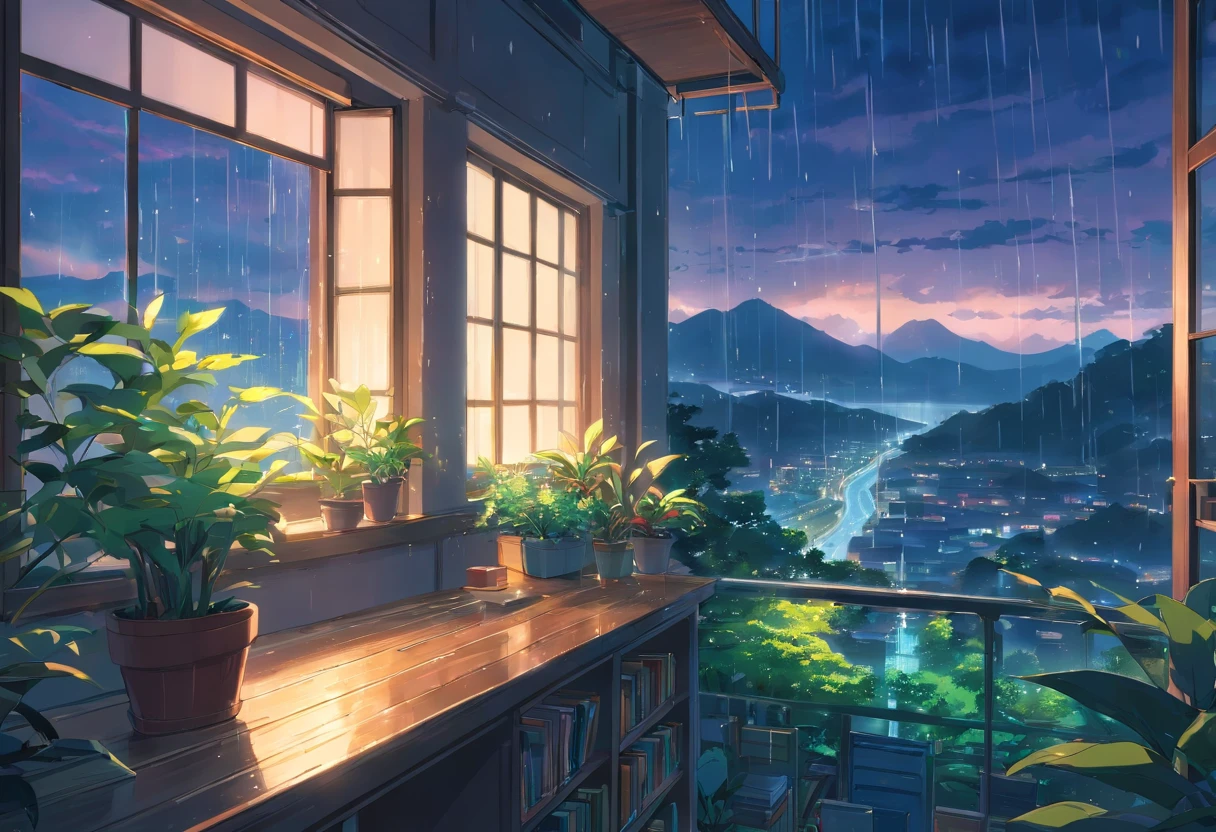 an exremely close up shot of a large window filled with plants and books is overlooking a breath taking and beautiful nature scenery, night time, (rainy)