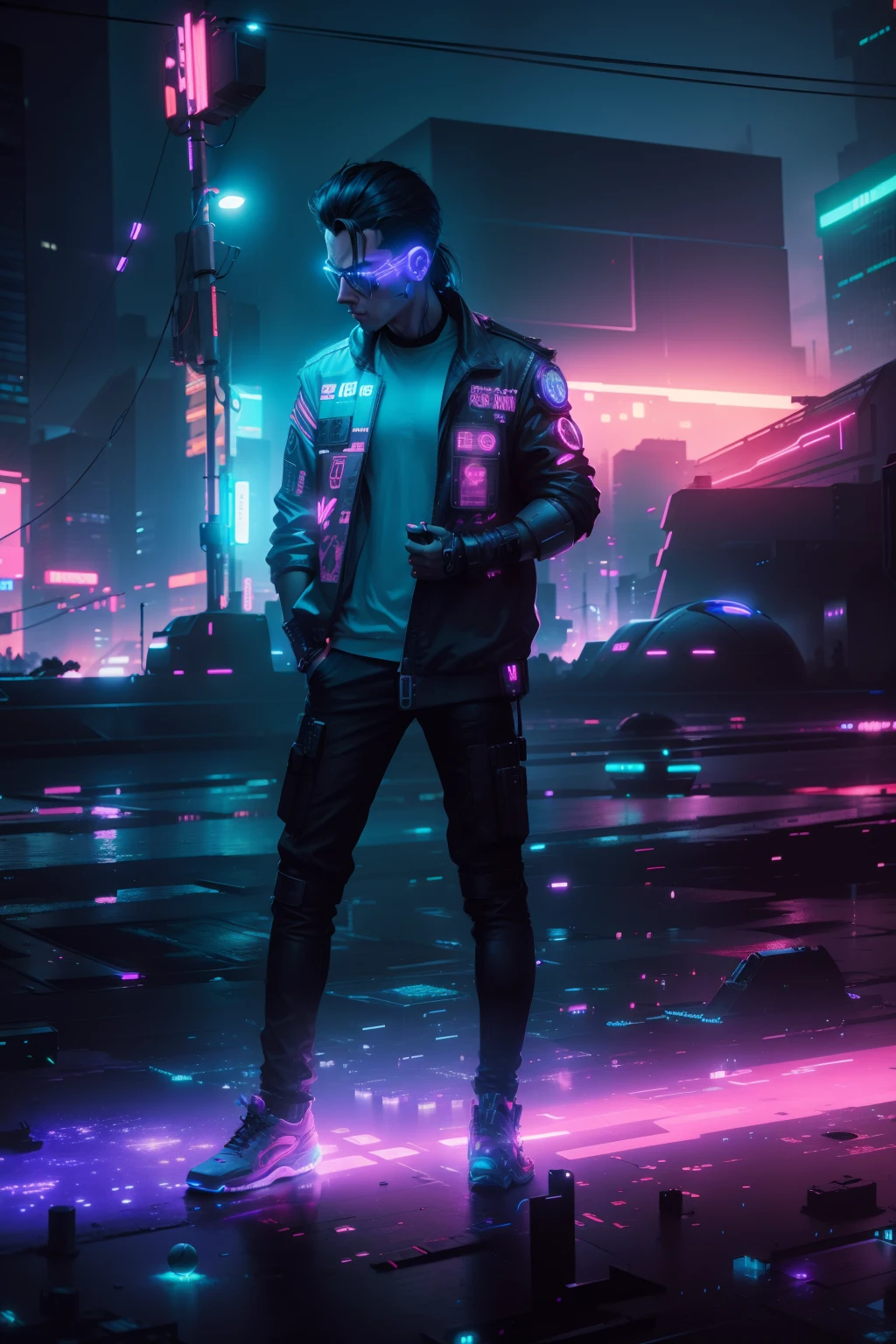 cyberpunk character in city at night, neon lights, front view, huge moon in the sky, reflections of planets