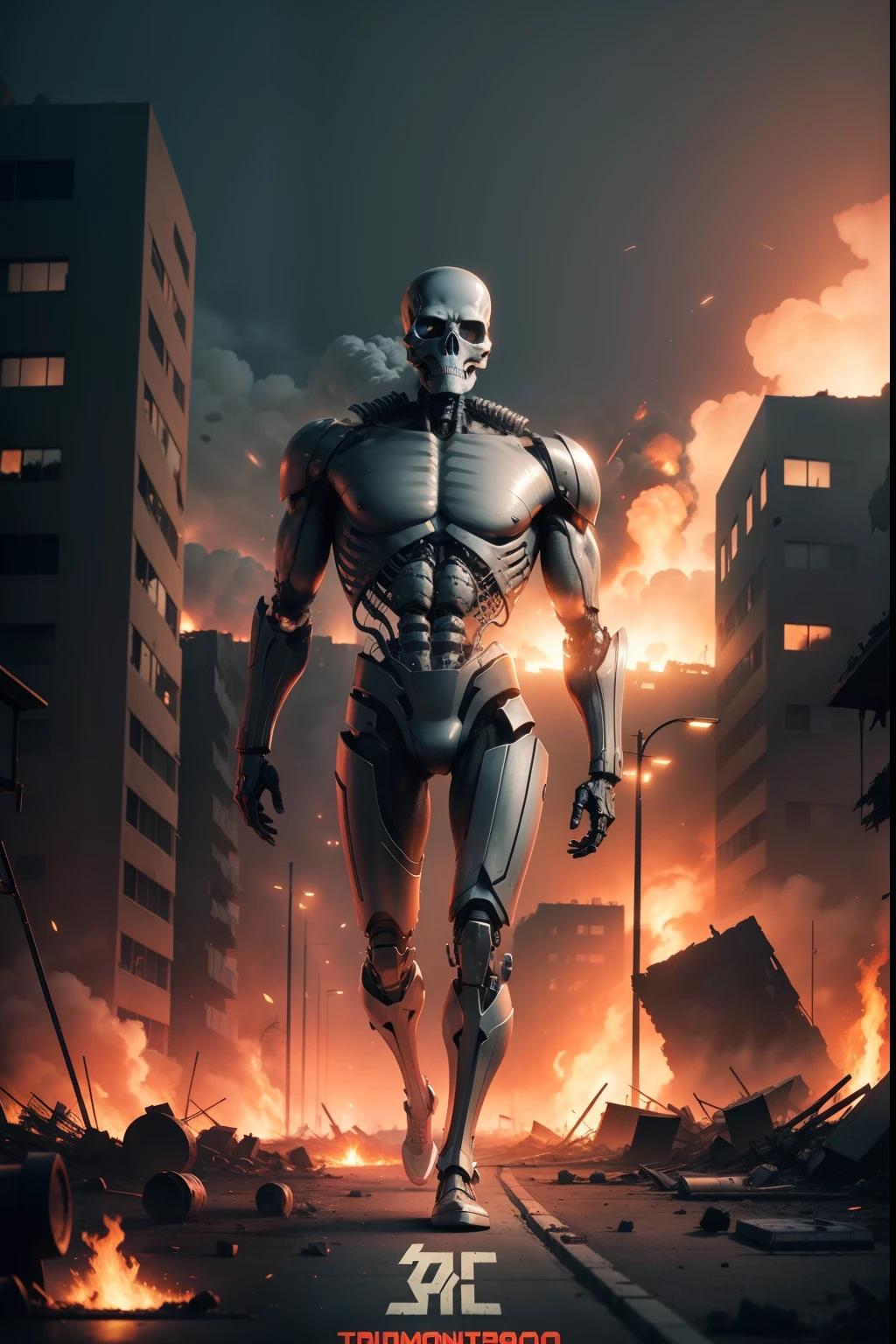 Poster with skeleton cybernetic Terminator T-800 in burning ruins of city destroyed by nuclear atack at night