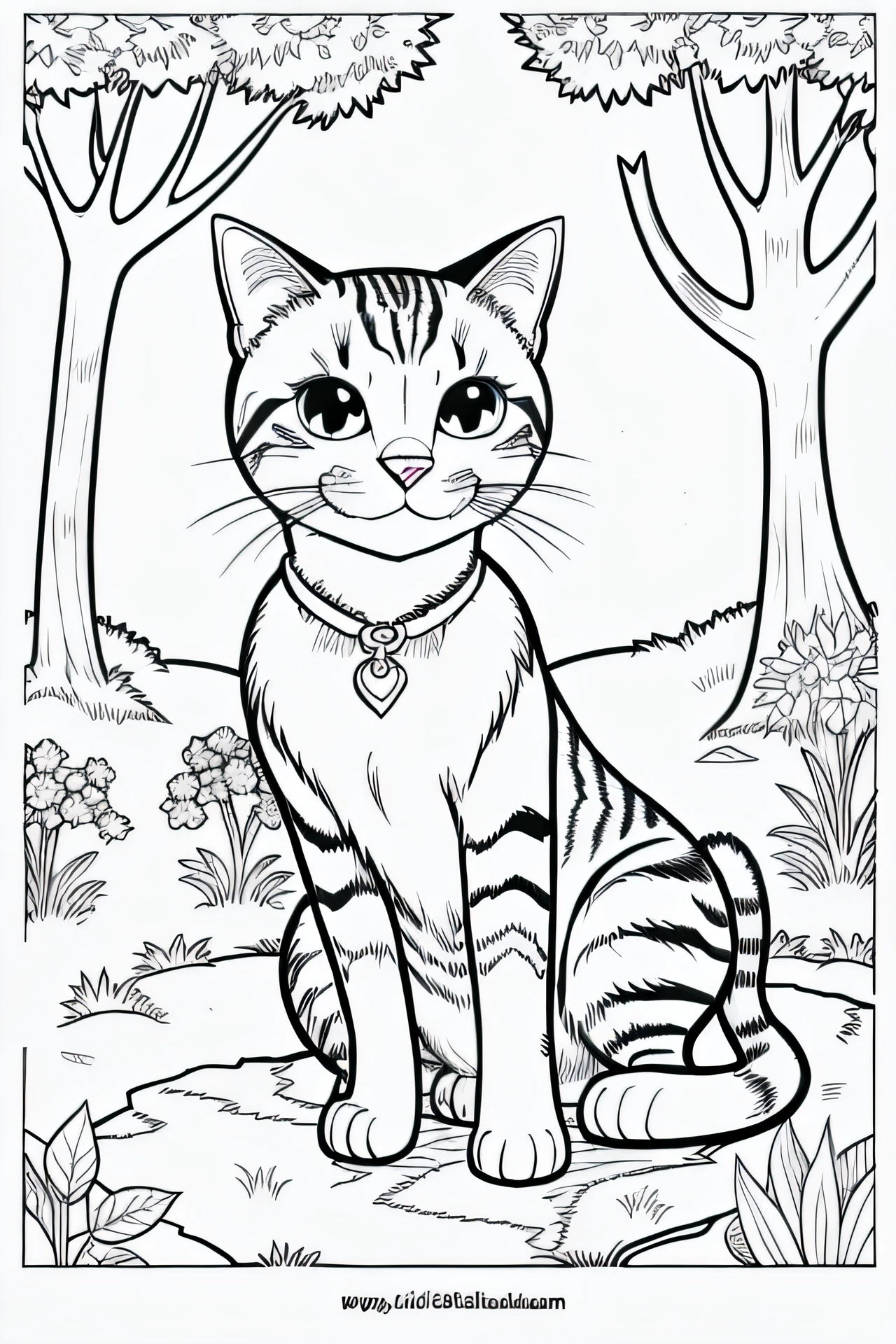 Coloring book of a cat in the forest, estilo cartoon, linhas grossas, sem cor, fundo branco, dashes only