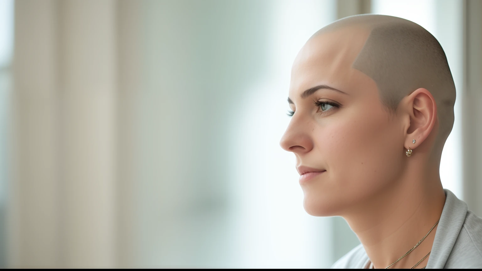 There's a woman with a shaved head looking out the window, Retrato de Careca, woman's face looking off camera, parcialmente careca, foto de retrato, olhando para o lado, looking across the shoulder, em breve, olhando de lado, foto ainda, Foto de uma mulher, retrato de perfil lateral, retrato de perfil, perfil da mulher, shaved head, foto de retrato detalhada, shaved bald head