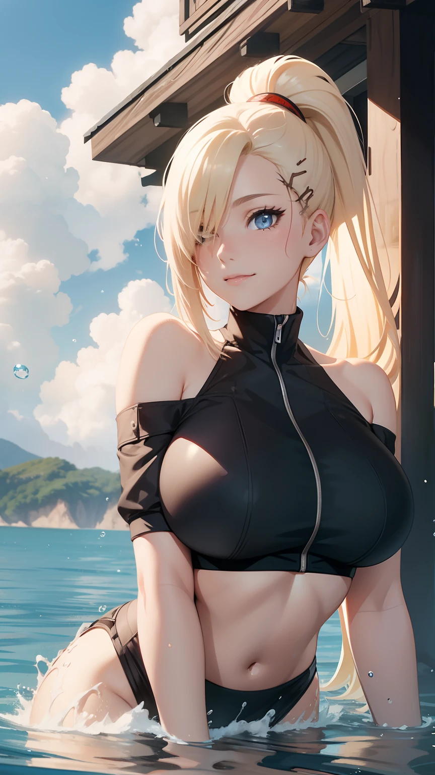 "the Extremely Detailed CG Unity 8K Wallpapers,tmasterpiece,Best picture quality,【😊Colored Forest,depth of fields,Lots of splashing droplets:1.2,petals,Toys surround,ventania,Foliage,grassy fields,volumettic light】blond hairbl,Be red in the face,ssmile,Half of your body is in water,naruto,Ino,Off-the-shoulder attire,bangs cover one eye,fat,looks into camera,sea beach,swim wears,clouds,sandbeach,