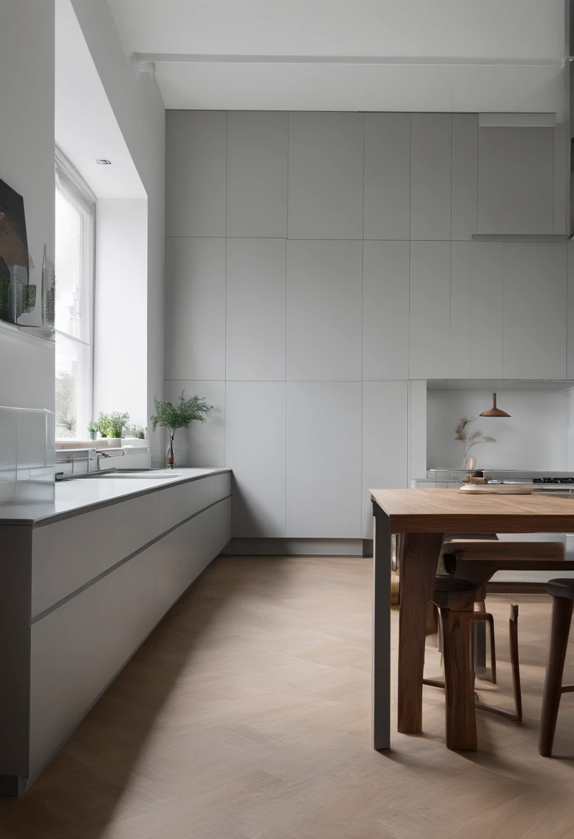 (medium shot), (standard lens)((Telephoto lens)) a simple, not very large kitchen, ((empty of kitchen utensils)), recently renovated, with wood-colored ceramic parquet floors and soft gray walls, a painting by Felix Forest, pexels, hyperrealism, sparse room, empty room