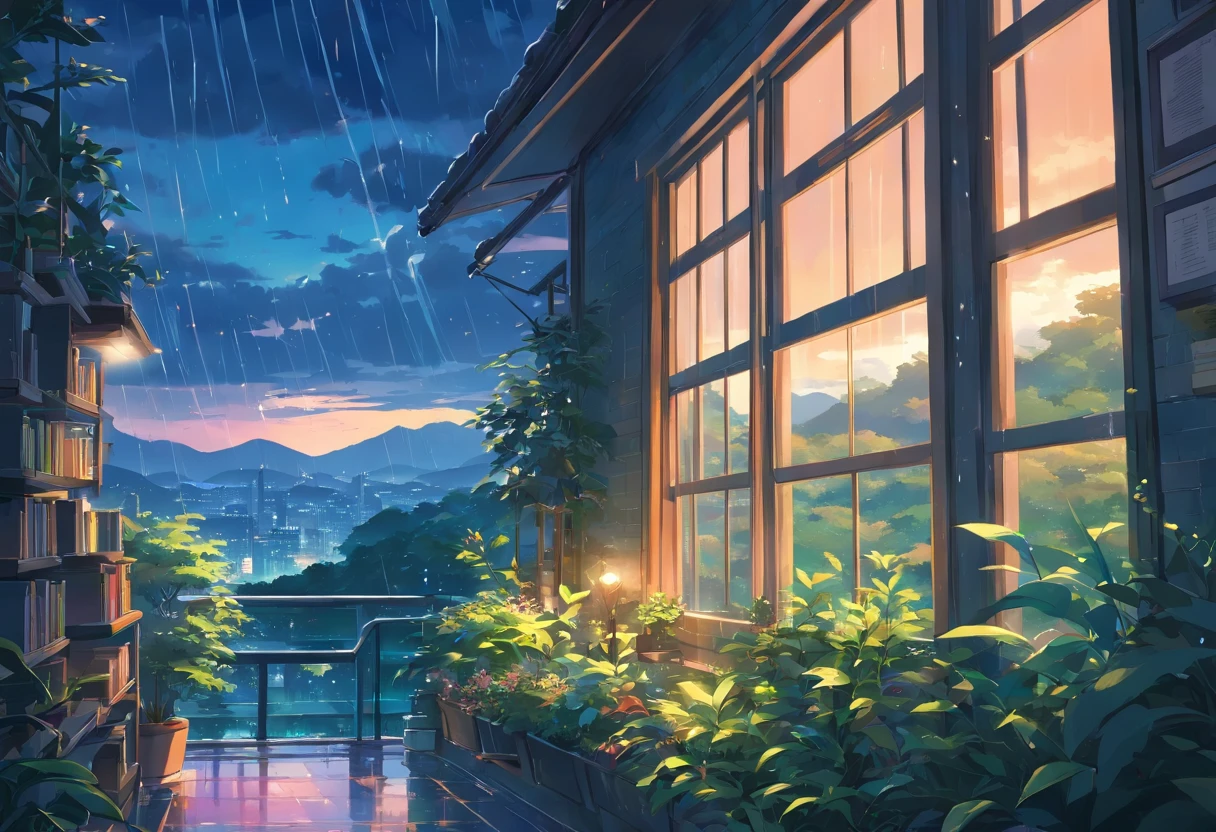 an exremely close up shot of a large window filled with plants and books is overlooking a breath taking and beautiful nature scenery, night time, (rainy)