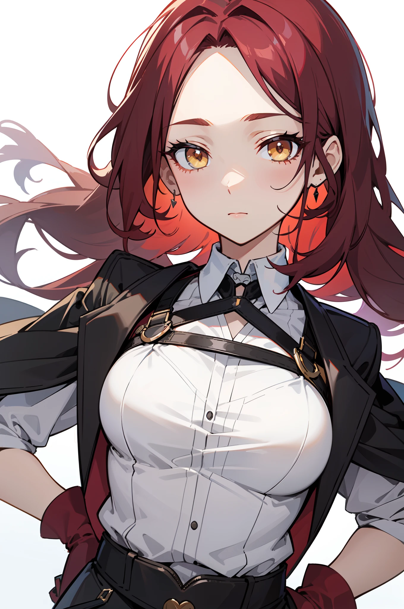 1girl, young woman, solo, from below, cowboy shot, scarlet red hair, long hair, big hair, (forehead), yellow eyes, medium breasts, neutral, (overcoat, black coat, open coat:1.15), white shirt, collared shirt, (chest harness, shoulder strap:1.15), black shorts, garter belt, thighighs, gloves, elegant, looking at viewer, simple background, transparent background, standing, focus hands on hips, ((close-up)), face only, masterpiece, best quality, 4k