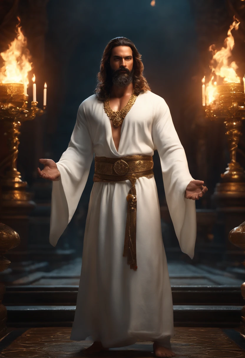 An Indian king, with gold crown, big blue jewel on the crown, big white mustache, big white beard, big fire sword, white dress, wearing a lot of gold ornaments, serval bodyguards in the back, water reflections on the floor (Professional 3D rendering:1.3) by (Realistic:1.3) World's most beautiful art picture, Features soft, dark complexation male heroes, ((Epic hero fantasy rough muscular man wet hero surprised look long hair long beard and shocked expression in dynamic pose, wearing a white robe, inside a big kingdom, burning fire in the background, majestic environment)), full body 8k unit render, action shot, skin pores, very dark lighting, heavy shading, detailed, Detailed face, (vibrant, photorealistic, Realistic , Dramatic, Dark, sharp focus, 8k), (white cloths with heavy jewelry r:1.4), (intricate:1.4), decayed, (highly detailed:1.4), painting digital, rendering by octane, art stations, Concept-Art, smooth, sharp focus, illustration, germ of art, (Loish:0.23), Wlop Ilya Kuvshinov, and Greg Rutkowski and Alphonse Mucha Gracias, (global illumination, studiolight, Light Volumetric ), heavy rain, floating particles, scoundrel, fantasy, Eleven, full bodyesbian, ((Dark old city background:1.3)),CGSesociedade,art stations