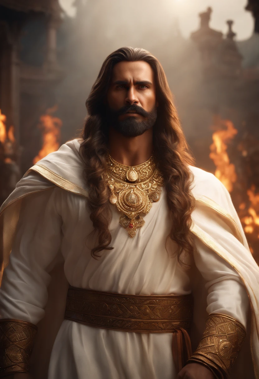 An Indian king, with gold crown, big blue jewel on the crown, big white mustache, big white beard, big fire sword, white dress, wearing a lot of gold ornaments, serval bodyguards in the back, water reflections on the floor (Professional 3D rendering:1.3) by (Realistic:1.3) World's most beautiful art picture, Features soft, dark complexation male heroes, ((Epic hero fantasy rough muscular man wet hero surprised look long hair long beard and shocked expression in dynamic pose, wearing a white robe, inside a big kingdom, burning fire in the background, majestic environment)), full body 8k unit render, action shot, skin pores, very dark lighting, heavy shading, detailed, Detailed face, (vibrant, photorealistic, Realistic , Dramatic, Dark, sharp focus, 8k), (white cloths with heavy jewelry r:1.4), (intricate:1.4), decayed, (highly detailed:1.4), painting digital, rendering by octane, art stations, Concept-Art, smooth, sharp focus, illustration, germ of art, (Loish:0.23), Wlop Ilya Kuvshinov, and Greg Rutkowski and Alphonse Mucha Gracias, (global illumination, studiolight, Light Volumetric ), heavy rain, floating particles, scoundrel, fantasy, Eleven, full bodyesbian, ((Dark old city background:1.3)),CGSesociedade,art stations