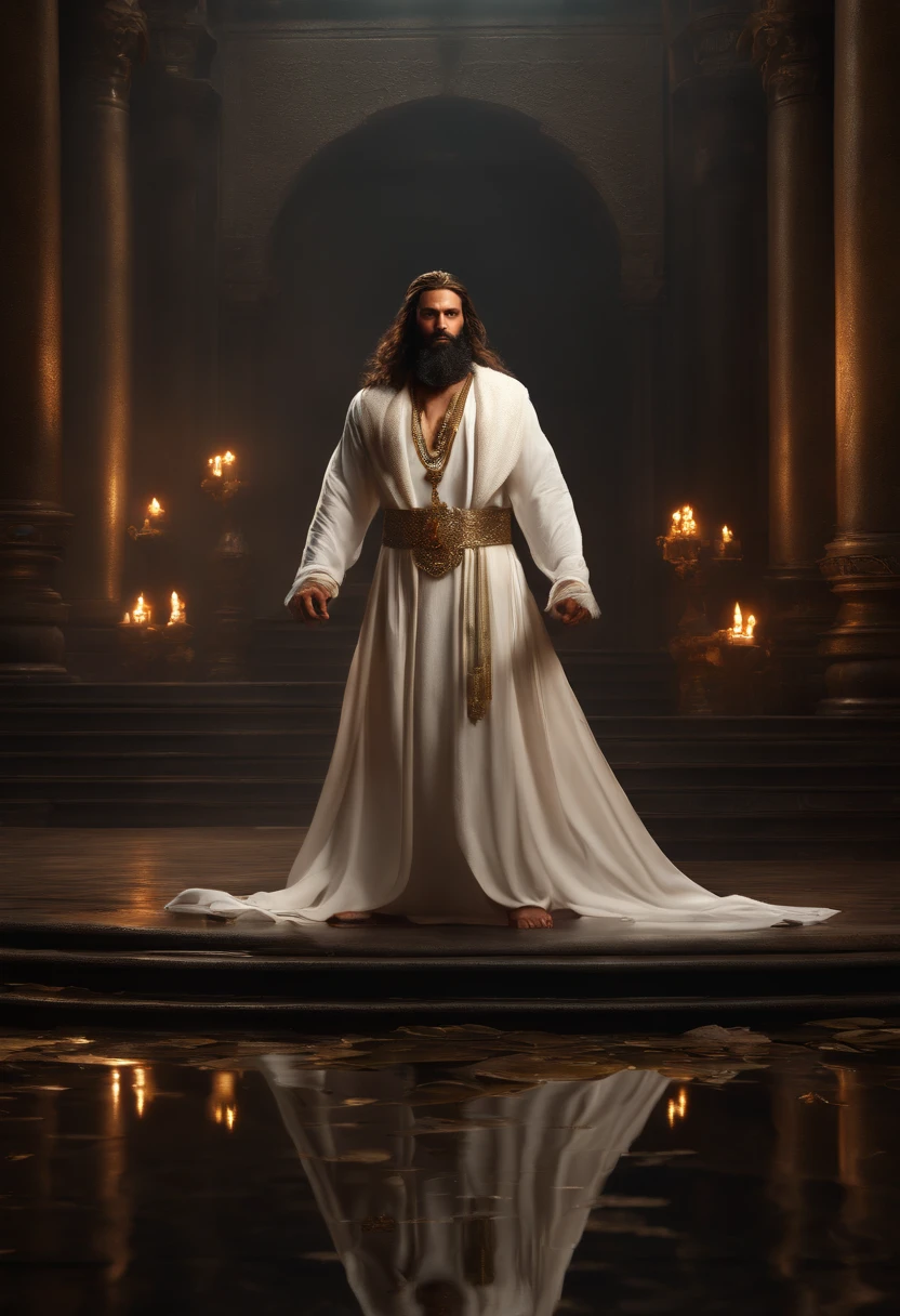 An Indian king, with gold crown, big blue jewel on the crown, big white mustache, big white beard, big fire sword, white dress, wearing a lot of gold ornaments, serval bodyguards in the back, water reflections on the floor (Professional 3D rendering:1.3) by (Realistic:1.3) World's most beautiful art picture, Features soft, dark complexation male heroes, ((Epic hero fantasy rough muscular man wet hero surprised look long hair long beard and shocked expression in dynamic pose, wearing a white robe, inside a big kingdom, burning fire in the background, majestic environment)), full body 8k unit render, action shot, skin pores, very dark lighting, heavy shading, detailed, Detailed face, (vibrant, photorealistic, Realistic , Dramatic, Dark, sharp focus, 8k), (white cloths with heavy jewelry r:1.4), (intricate:1.4), decayed, (highly detailed:1.4), painting digital, rendering by octane, art stations, Concept-Art, smooth, sharp focus, illustration, germ of art, (Loish:0.23), Wlop Ilya Kuvshinov, and Greg Rutkowski and Alphonse Mucha Gracias, (global illumination, studiolight, Light Volumetric ), heavy rain, floating particles, scoundrel, fantasy, Eleven, full bodyesbian, ((Dark old city background:1.3)),CGSesociedade,art stations