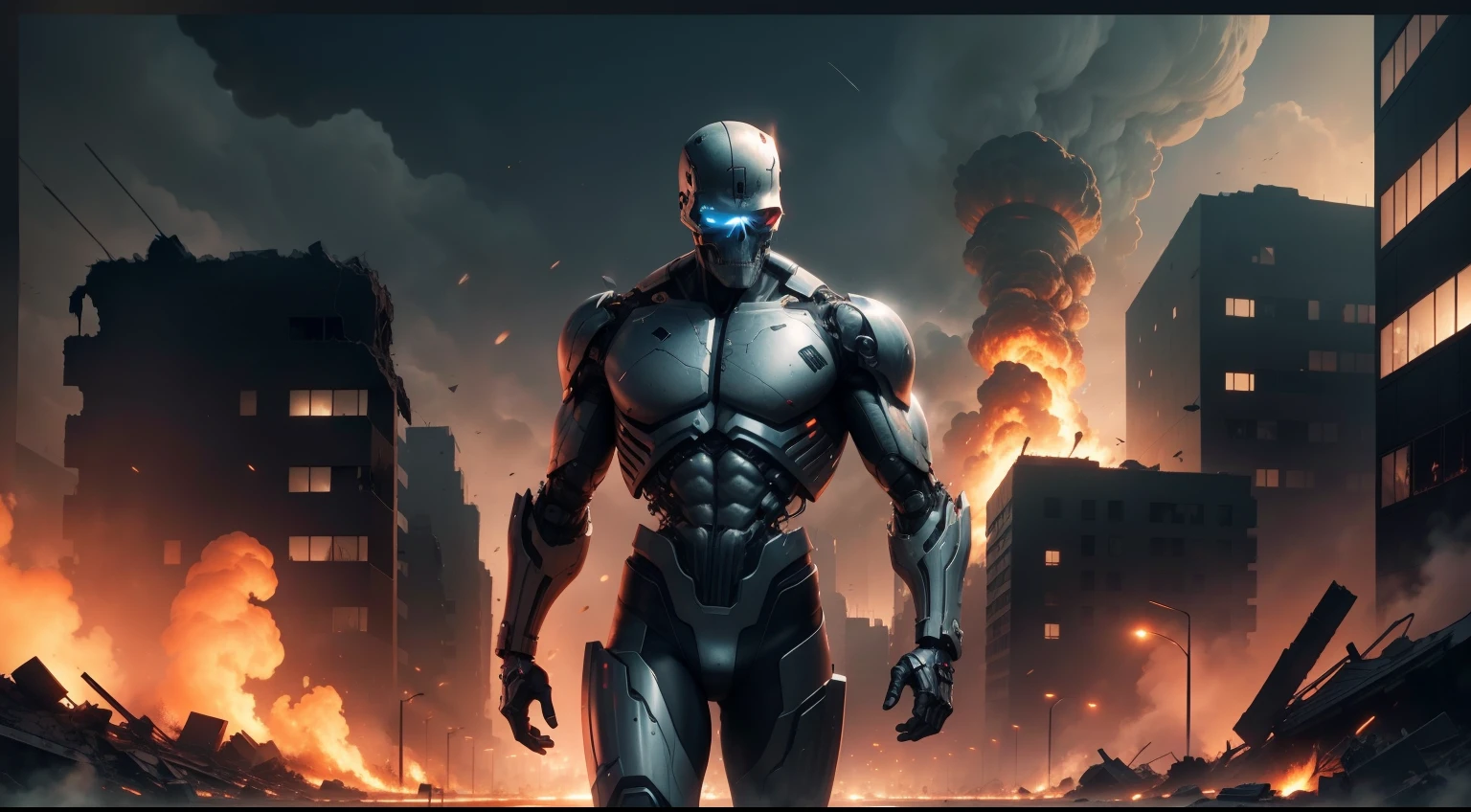 Poster with skeleton cybernetic Terminator T-800 and futuristic taks in burning ruins of city destroyed by nuclear atack at night