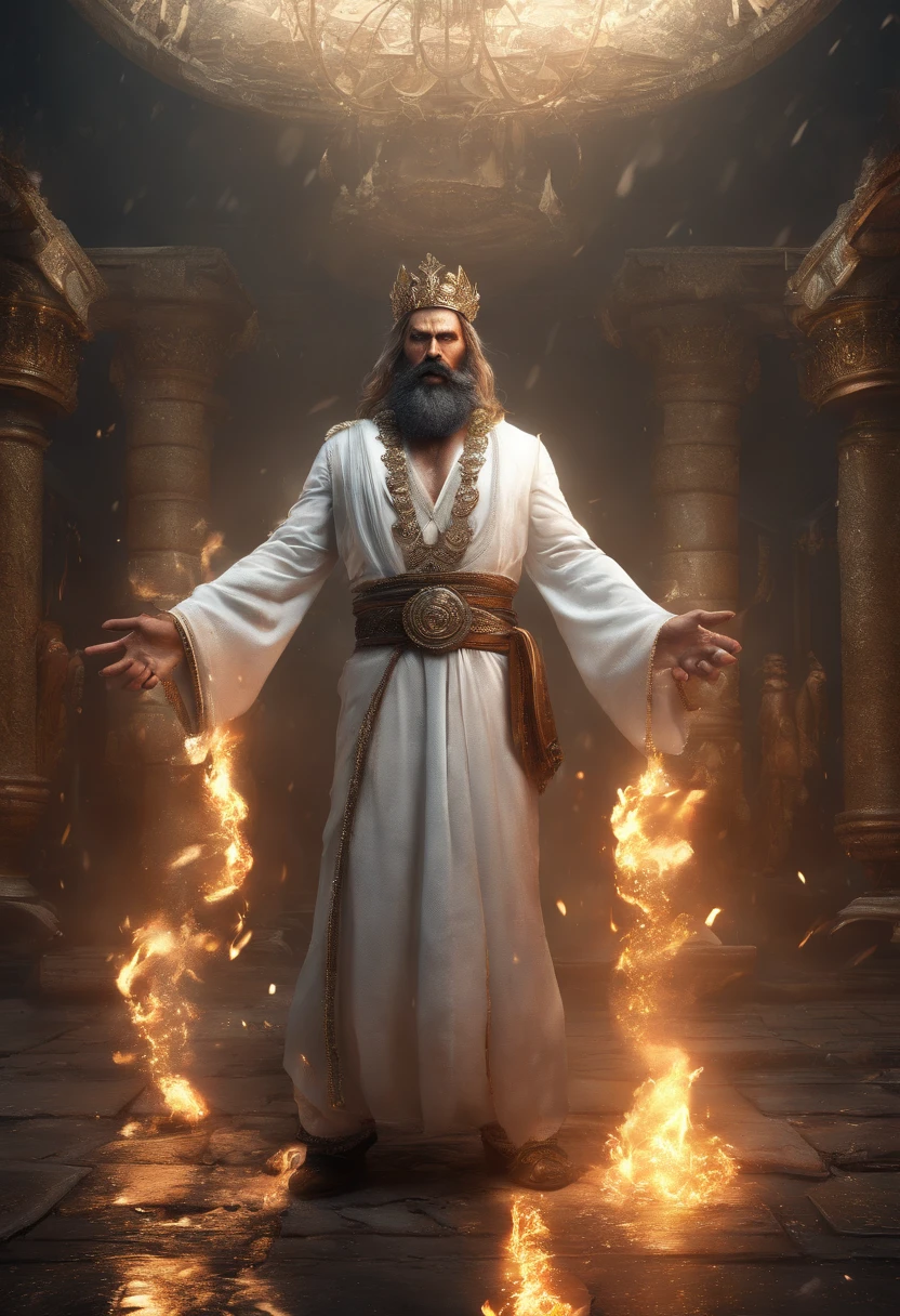 An Indian king, with gold crown, big blue jewel on the crown, big white mustache, big white beard, big fire sword, white dress, wearing a lot of gold ornaments, serval bodyguards in the back, water reflections on the floor (Professional 3D rendering:1.3) by (Realistic:1.3) World's most beautiful art picture, Features soft, dark complexation male heroes, ((Epic hero fantasy rough muscular man wet hero surprised look long hair long beard and shocked expression in dynamic pose, wearing a white robe, inside a big kingdom, burning fire in the background, majestic environment)), full body 8k unit render, action shot, skin pores, very dark lighting, heavy shading, detailed, Detailed face, (vibrant, photorealistic, Realistic , Dramatic, Dark, sharp focus, 8k), (white cloths with heavy jewelry r:1.4), (intricate:1.4), decayed, (highly detailed:1.4), painting digital, rendering by octane, art stations, Concept-Art, smooth, sharp focus, illustration, germ of art, (Loish:0.23), Wlop Ilya Kuvshinov, and Greg Rutkowski and Alphonse Mucha Gracias, (global illumination, studiolight, Light Volumetric ), heavy rain, floating particles, scoundrel, fantasy, Eleven, full bodyesbian, ((Dark old city background:1.3)),CGSesociedade,art stations