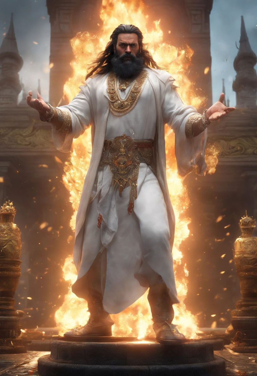 An Indian king, with gold crown, big blue jewel on the crown, big white mustache, big white beard, big fire sword, white dress, wearing a lot of gold ornaments, serval bodyguards in the back, water reflections on the floor (Professional 3D rendering:1.3) by (Realistic:1.3) World's most beautiful art picture, Features soft, dark complexation male heroes, ((Epic hero fantasy rough muscular man wet hero surprised look long hair long beard and shocked expression in dynamic pose, wearing a white robe, inside a big kingdom, burning fire in the background, majestic environment)), full body 8k unit render, action shot, skin pores, very dark lighting, heavy shading, detailed, Detailed face, (vibrant, photorealistic, Realistic , Dramatic, Dark, sharp focus, 8k), (white cloths with heavy jewelry r:1.4), (intricate:1.4), decayed, (highly detailed:1.4), painting digital, rendering by octane, art stations, Concept-Art, smooth, sharp focus, illustration, germ of art, (Loish:0.23), Wlop Ilya Kuvshinov, and Greg Rutkowski and Alphonse Mucha Gracias, (global illumination, studiolight, Light Volumetric ), heavy rain, floating particles, scoundrel, fantasy, Eleven, full bodyesbian, ((Dark old city background:1.3)),CGSesociedade,art stations
