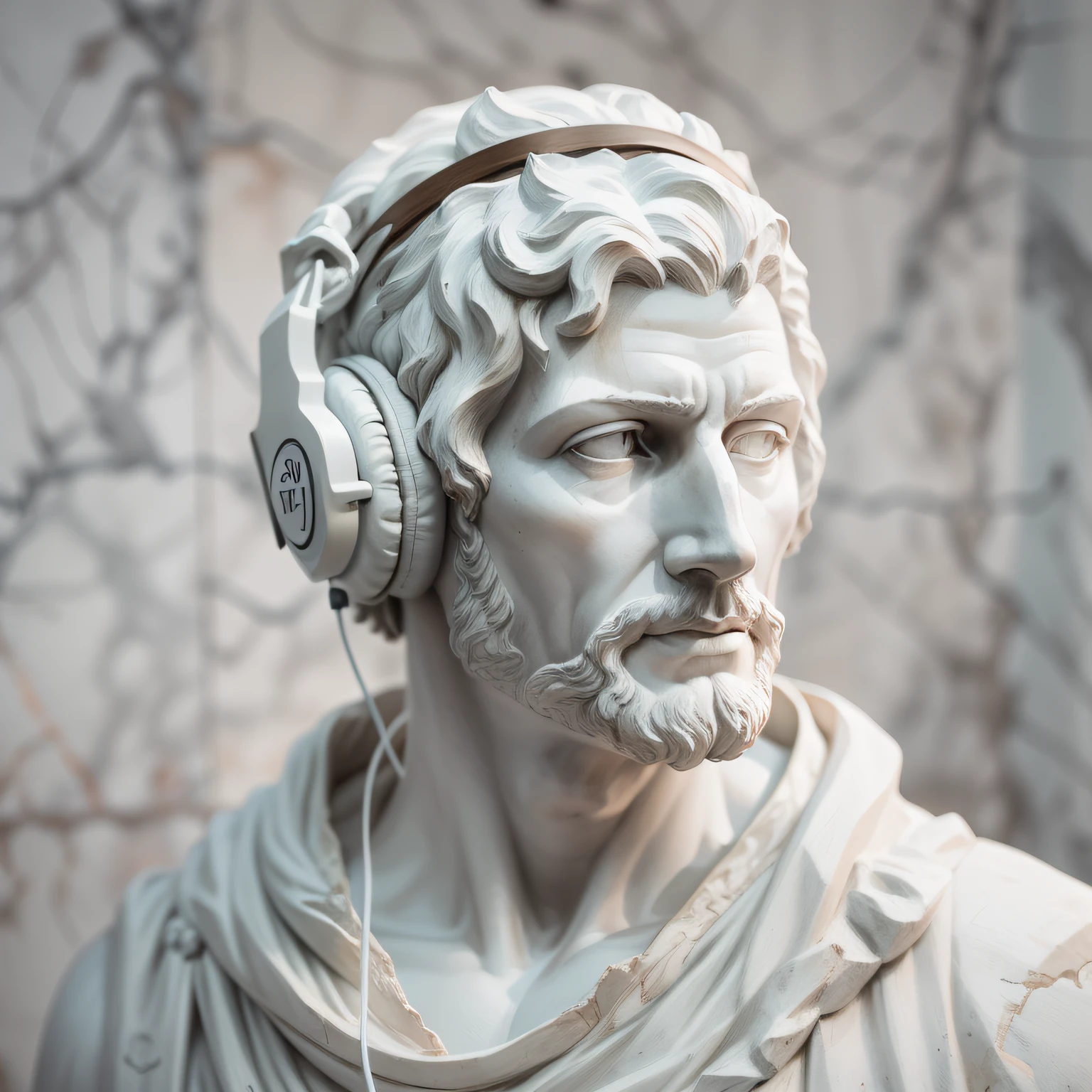 A white marble statue of a man with jack headset, feliz, todo esculpido em pedra, philosopher, Estoicismo, fotorrealismo, fotografia profissional, fundo escuro