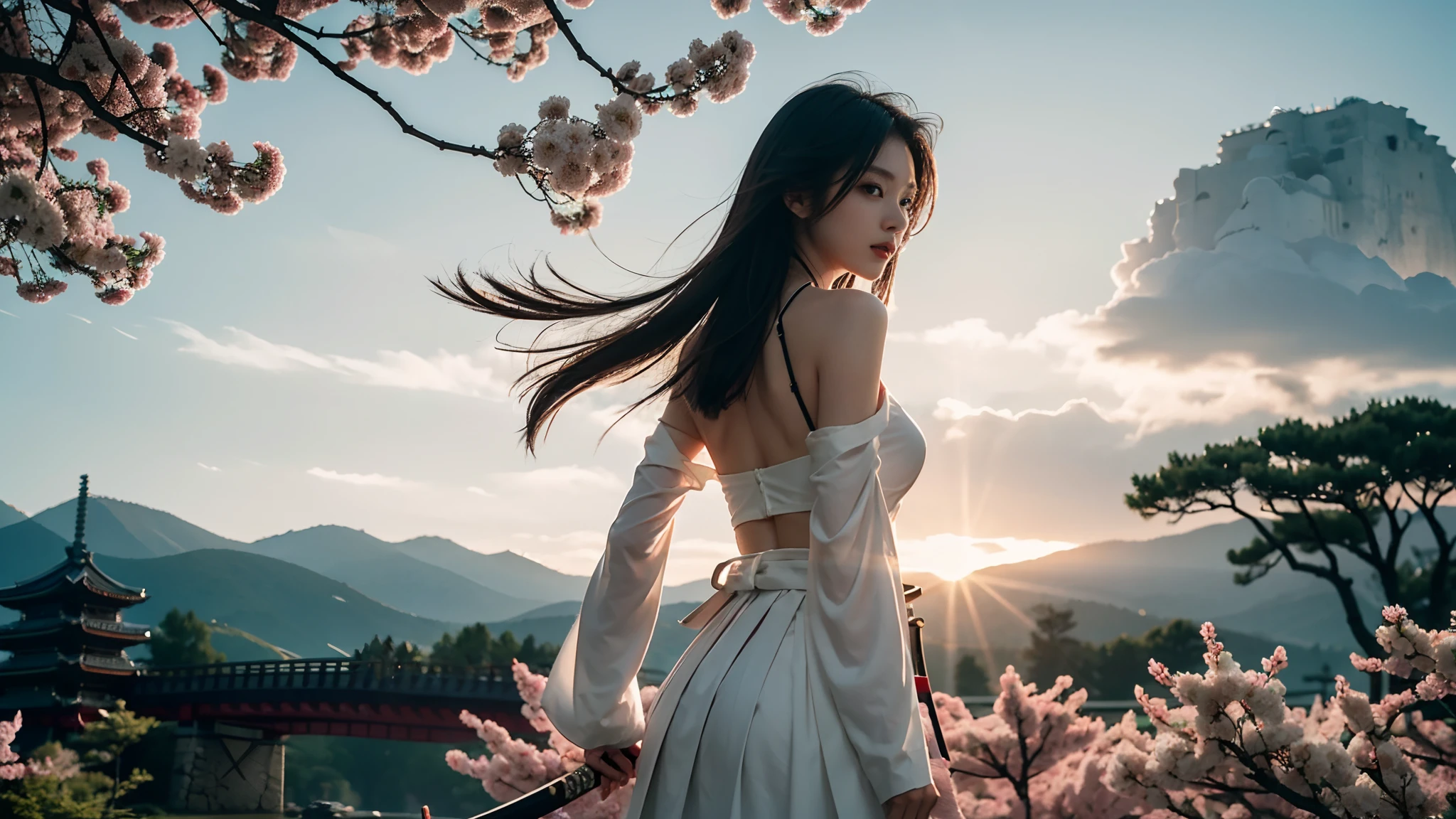 ((small underboob,Tomboyish,small heads)),  (short-length straighthair: 1.2), Black hair，Upper body,（极其细致的CG 8k壁纸），（Extremely refined and beautiful），（Masterpiece），（best qualtiy：1.0），（超高分辨率：1.0），beautiful light up，Perfect lightning，realistic shaded，[A high resolution]，Smooth and flawless fair skin，ultra - detailed ，(small breasts:1.1)，huge chest，slim，thin，slender waist，serious，Mighty，（seven quarter sleeved white kendogi:1.1），no bra，（maxi red kendo hakama：1.1），white short socks, geta，spring,night scene，a tall huge Japanese castle，sakura blooms，standing，outside，Tree-lined roadsides，Close-up，(a long naked samurai katana:1.1)，Holding the katana handle with both hands，Wielding the samurai katana，Facing the audience on the back，from back，off shoulder，Bare shoulders